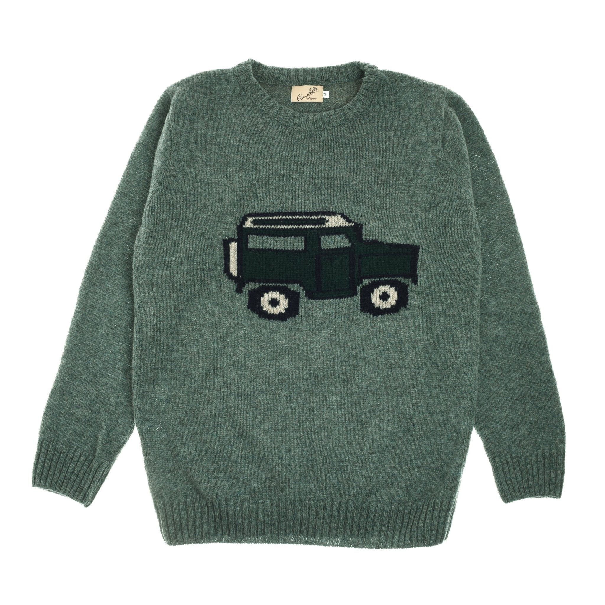 The Land Rover Defender Jumper by Campbells of Beauly features a large Defender graphic on the front, classic crew neckline, and ribbed cuffs and hem. Crafted in Lovat Green, it’s inspired by British motoring heritage.