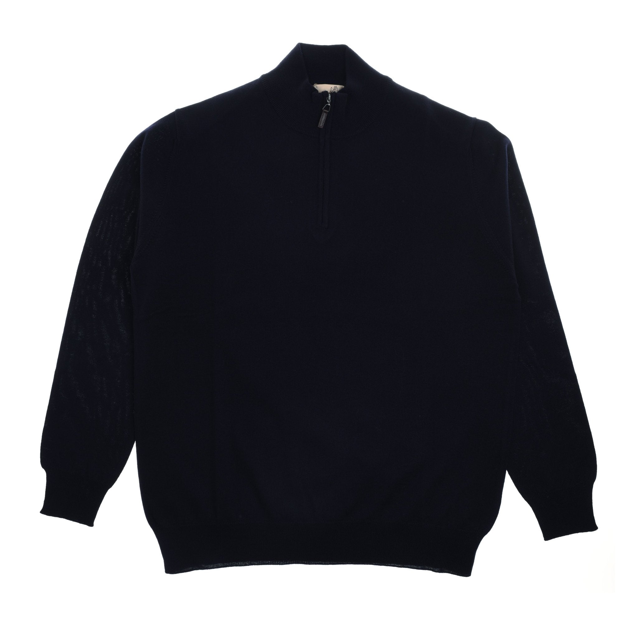 The Campbells of Beauly Merino Quarter Zip Jumper features classic long sleeves, a short stand-up collar, and soft navy Merino wool—ideal for layering. Shown on a white background.