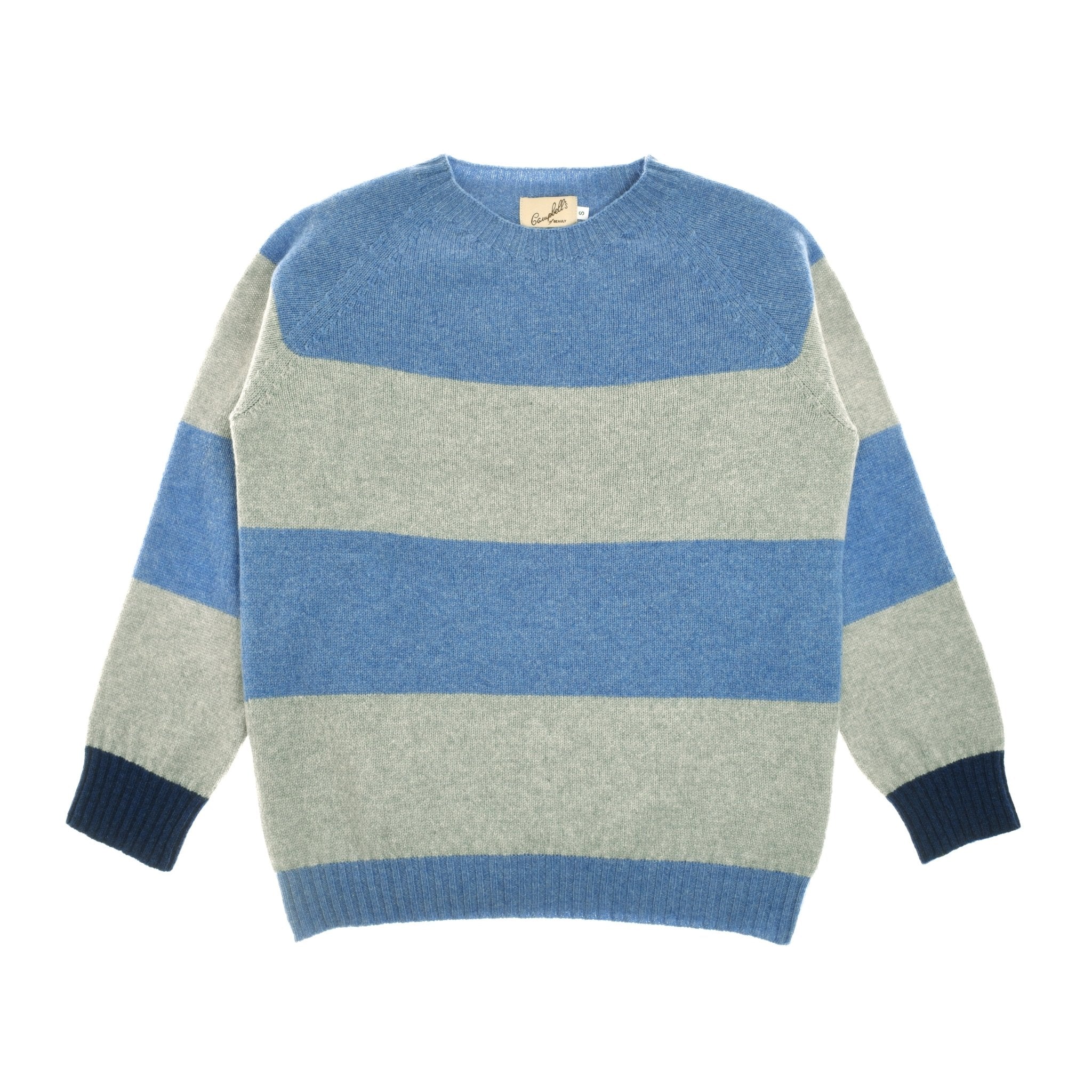 The Campbells of Beauly Stripe Crew Jumper in Nautical features wide light gray and blue stripes, dark blue ribbed cuffs, and a light gray ribbed hem and neckline. Expertly knitted in Scotland from premium yarns for a classic look.