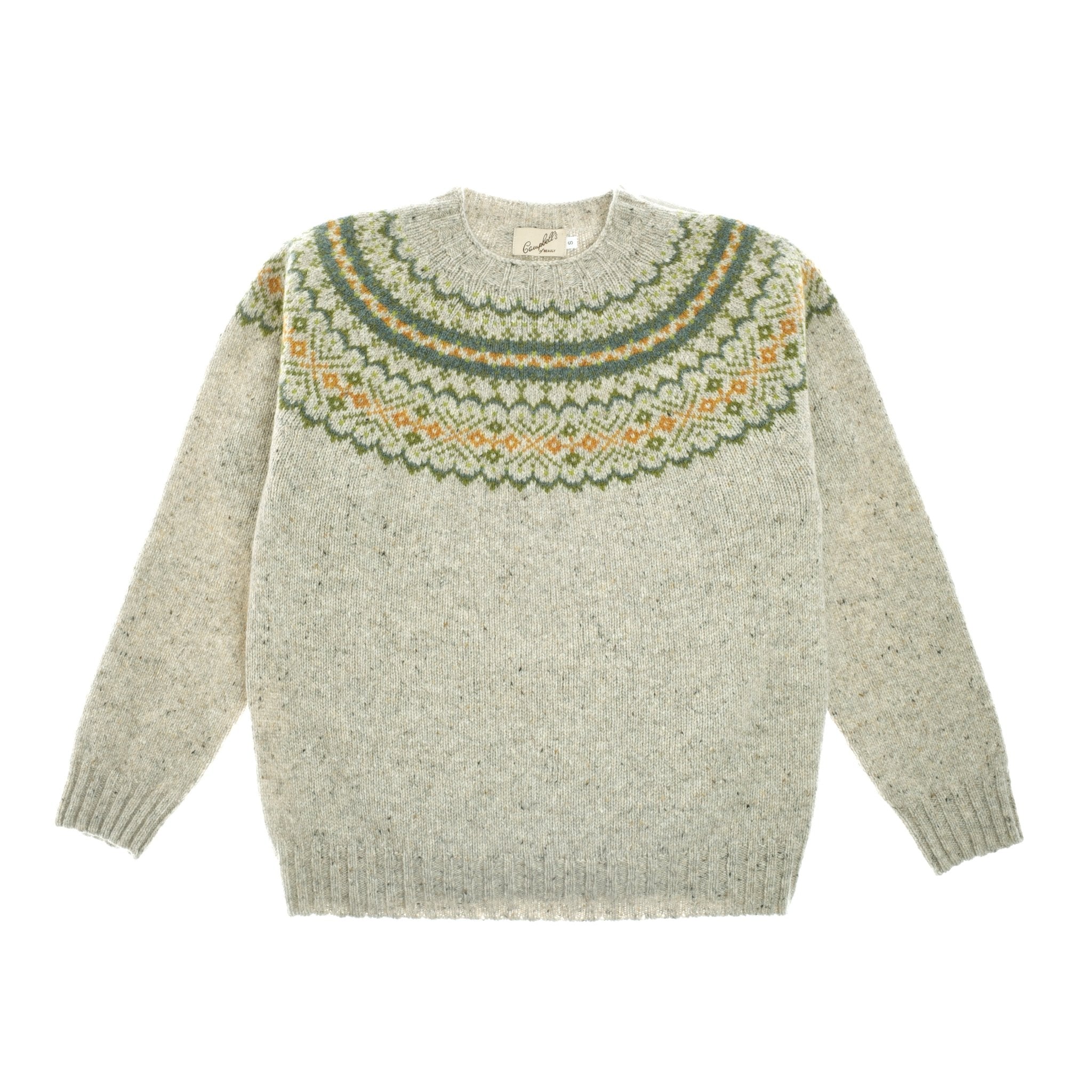 Campbells of Beauly Donegal Lambswool Fairisle Crew in Mull: a light gray pure wool sweater with a traditional green, yellow, and orange Fairisle yoke, long sleeves, and crew neck.
