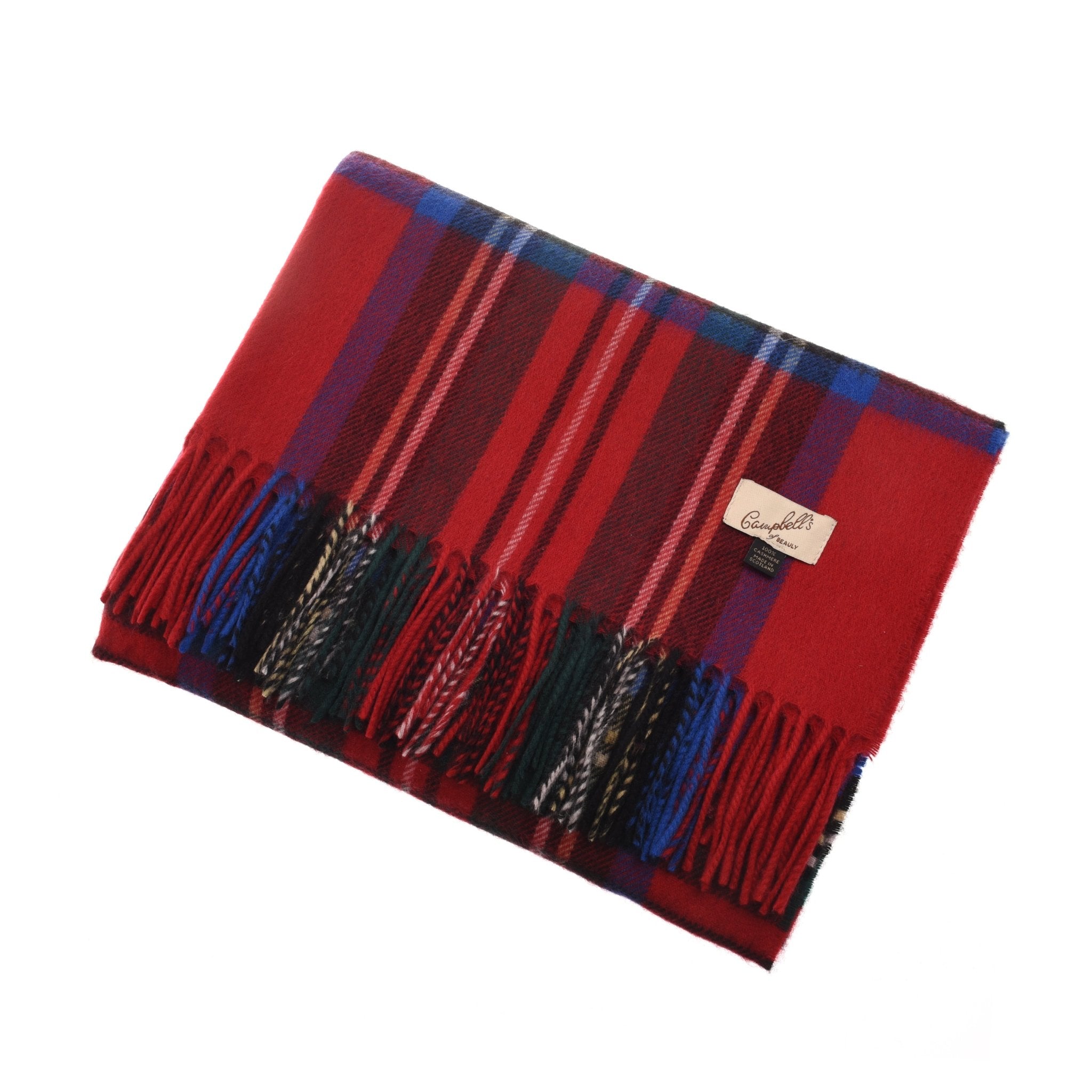 The Campbell’s of Beauly Cashmere Wide Tartan Scarf features red, blue, black, and green stripes with fringed edges and a signature beige label—expertly crafted in the Scottish Borders.