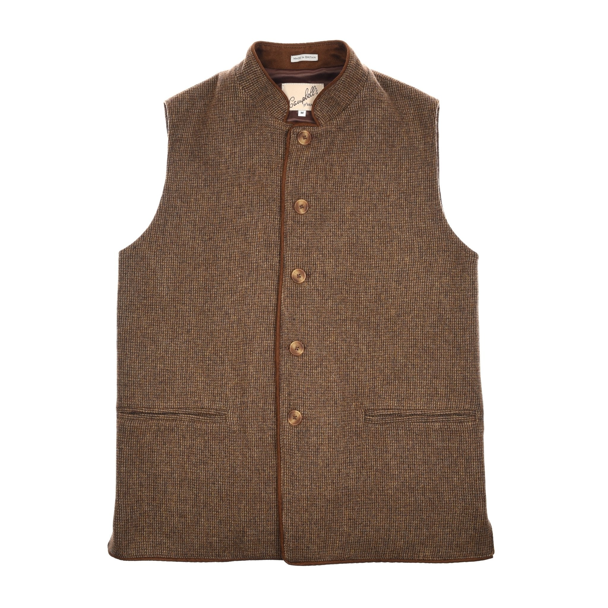The Tweed Nehru Gilet by Campbells of Beauly in Brown Melange features a high collar, sleeveless design, front button closure, and two front pockets—a versatile classic inspired by British tweed.