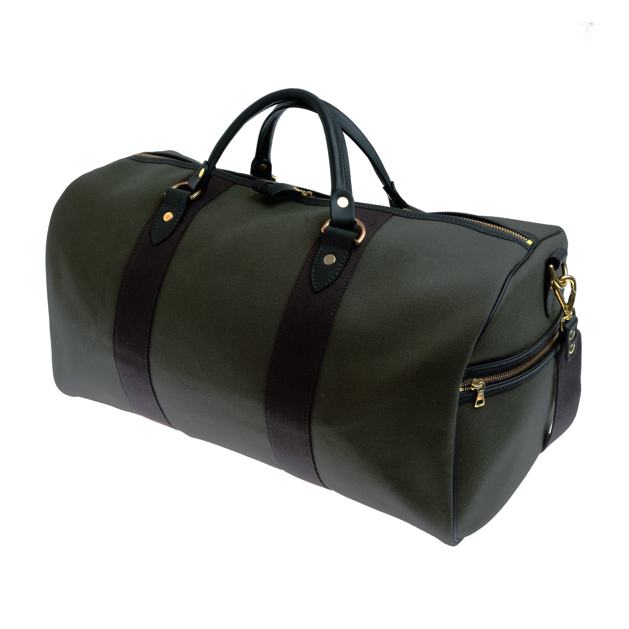 A dark green Campbells of Beauly Hand Luggage Holdall duffel bag with bridle leather straps, black handles, and gold zipper accents is shown against a white background.