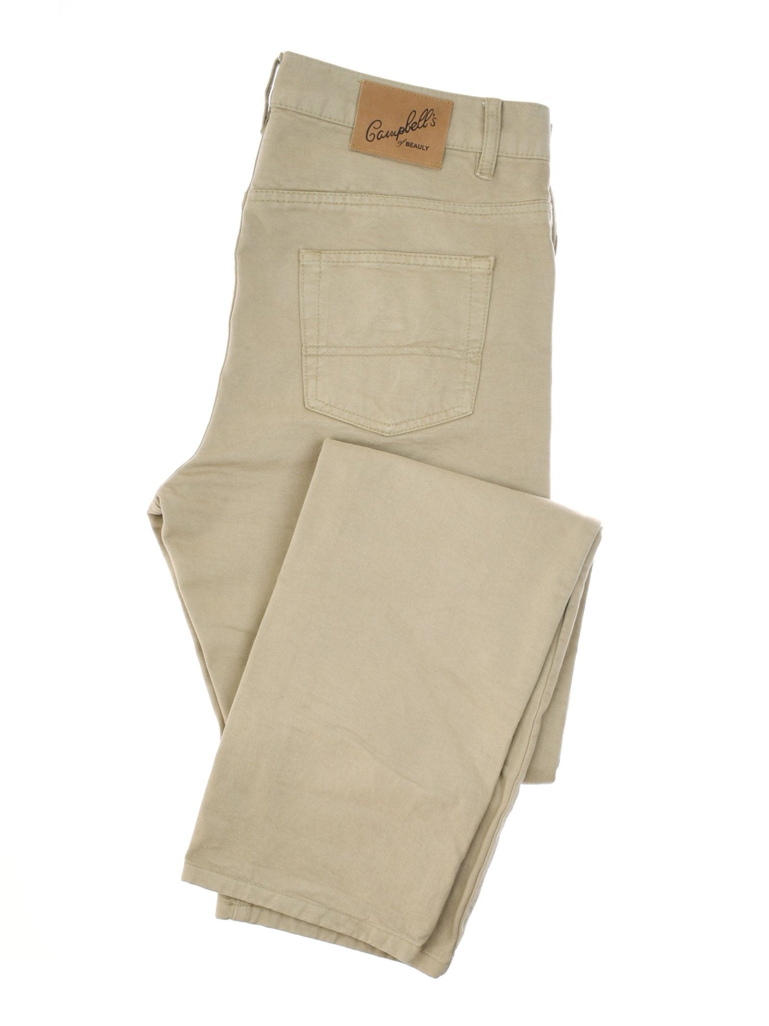 A pair of neatly folded stone Neutral Cotton Jeans by Campbells of Beauly, featuring a classic five-pocket design and a branded brown label above the back pocket.