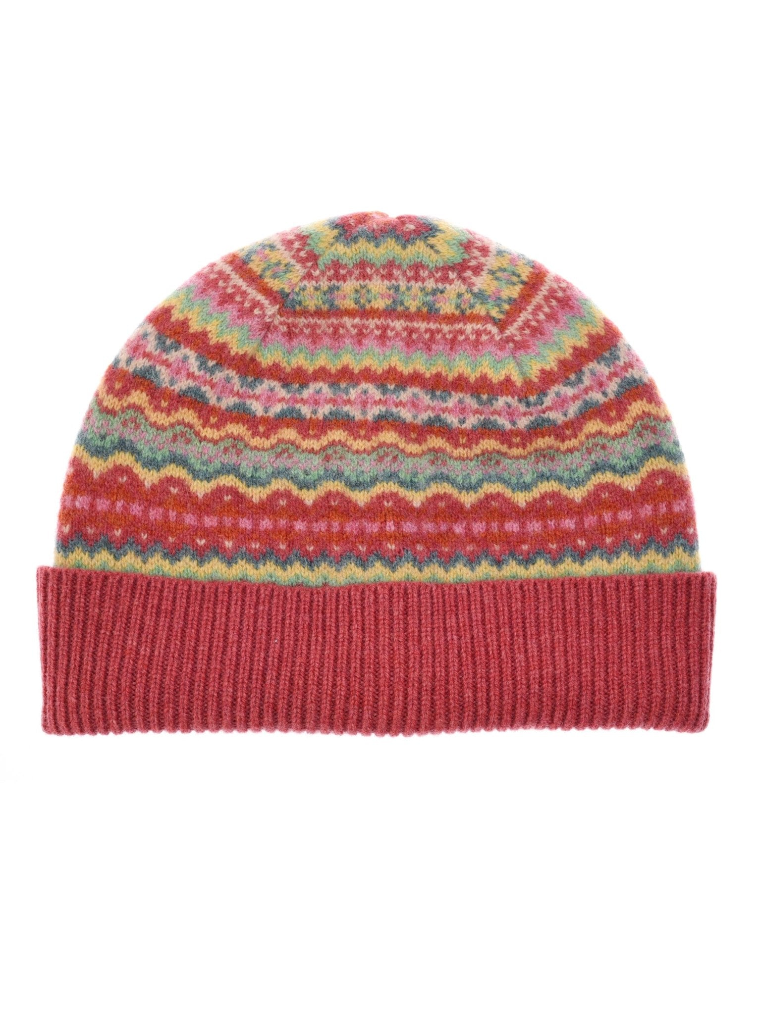 The Campbells of Beauly Lambswool Fairisle Hat in Rosewood features a red ribbed fold-over cuff and a vibrant fairisle pattern—an essential winter knit.