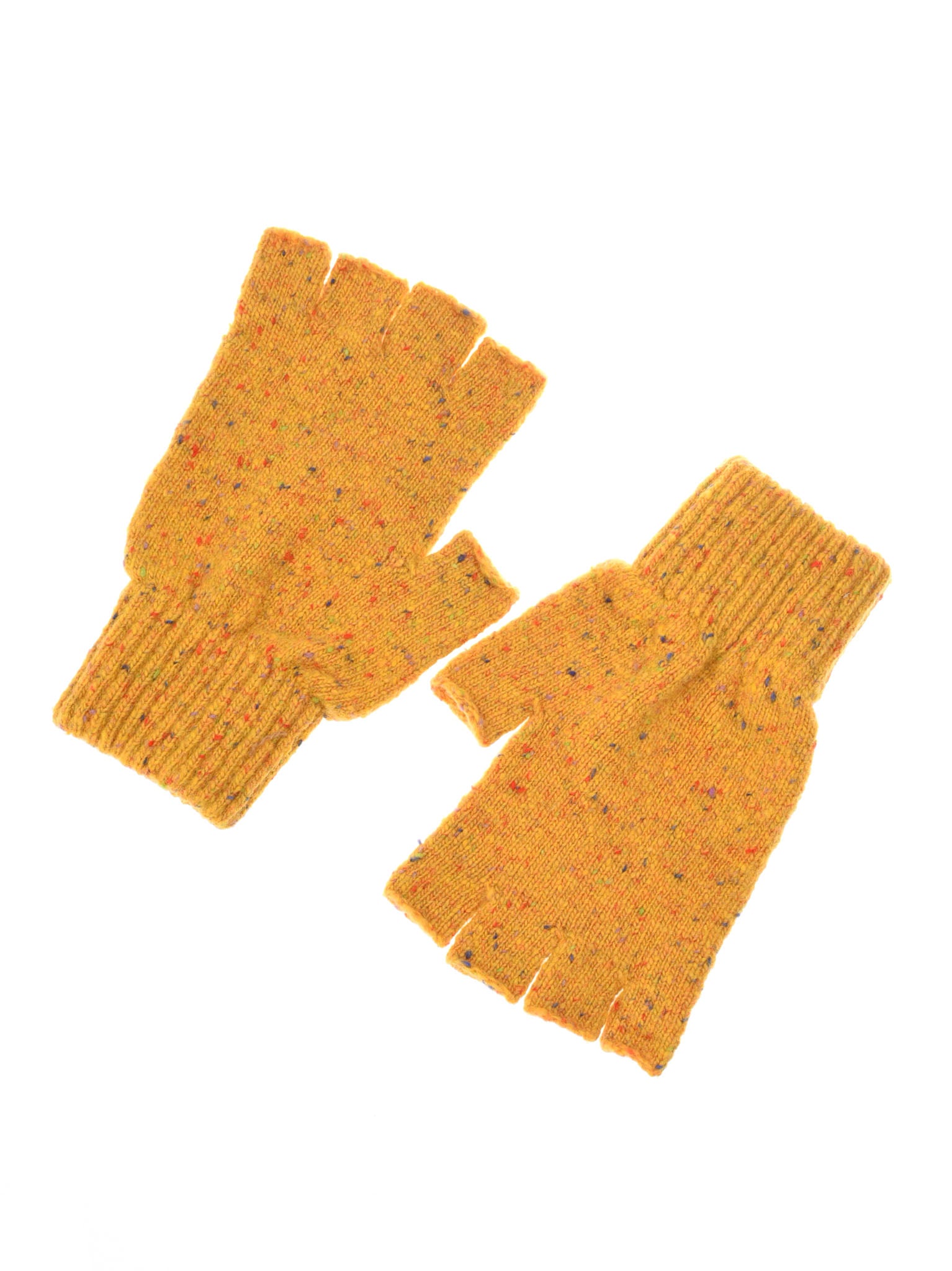 A pair of gold Donegal Lambswool Half-Finger Gloves by Campbells of Beauly with multicolored speckles, shown on a white background.