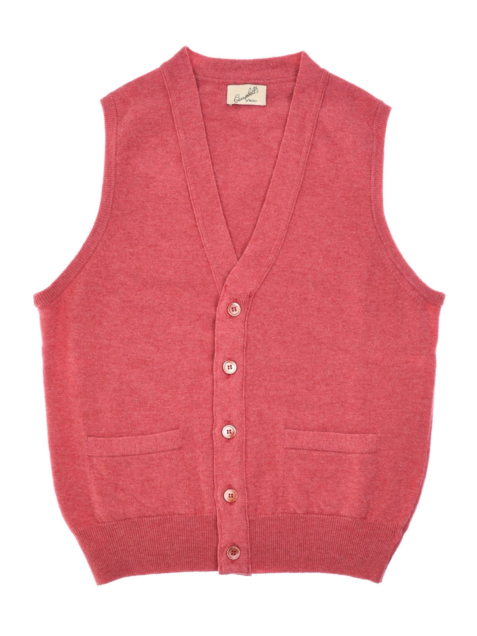 The Campbells of Beauly Geelong Lambswool Button Waistcoat is a sleeveless red vest with a V-neck, button front, and two pockets—perfect for a country wardrobe—shown laid flat on a white background.
