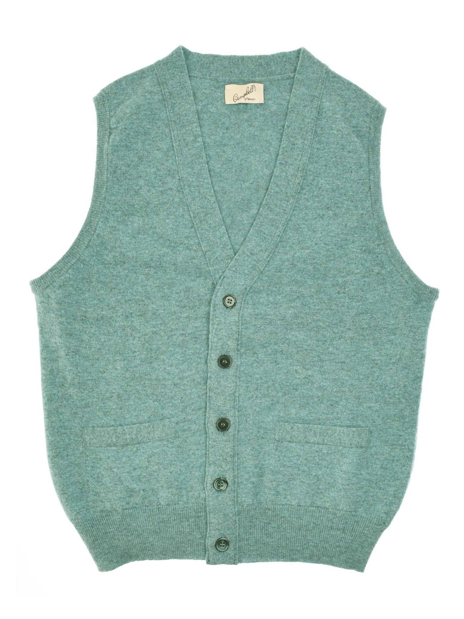 The Campbells of Beauly Geelong Lambswool Button Waistcoat in light teal is a sleeveless, V-neck knit vest with a button front and two small pockets—an essential for a refined country wardrobe, shown laid flat on a white background.