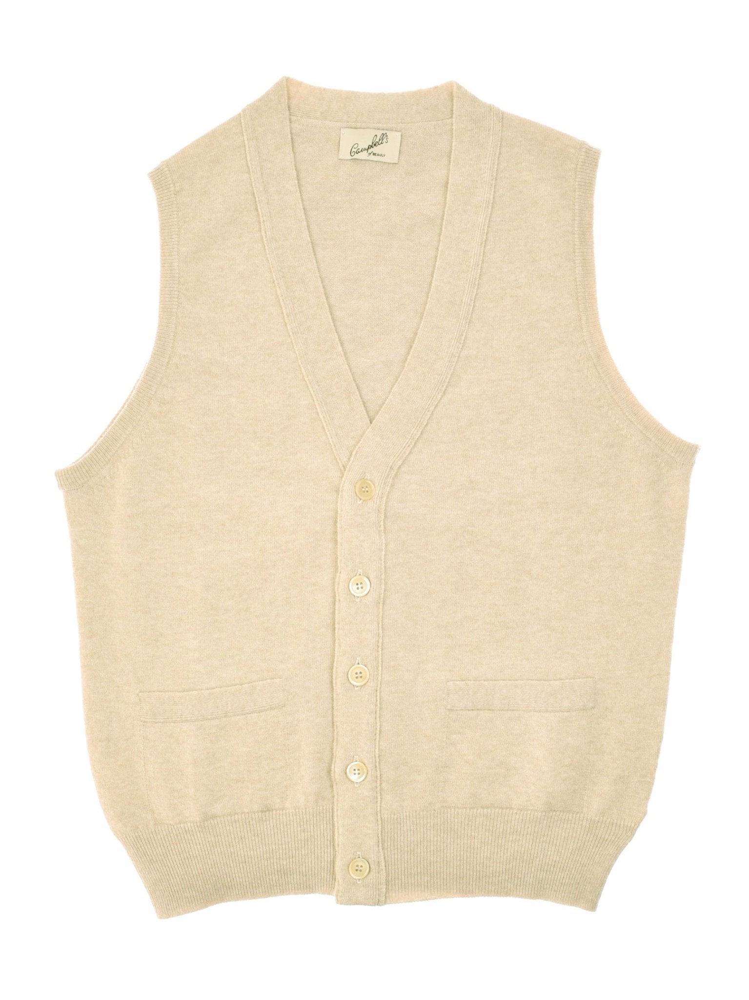 The Campbells of Beauly Geelong Lambswool Button Waistcoat is a beige, sleeveless knit vest with a V-neck, button-down front, two front pockets, and ribbed hems—ideal for a refined country look and shown laid flat on a white background.