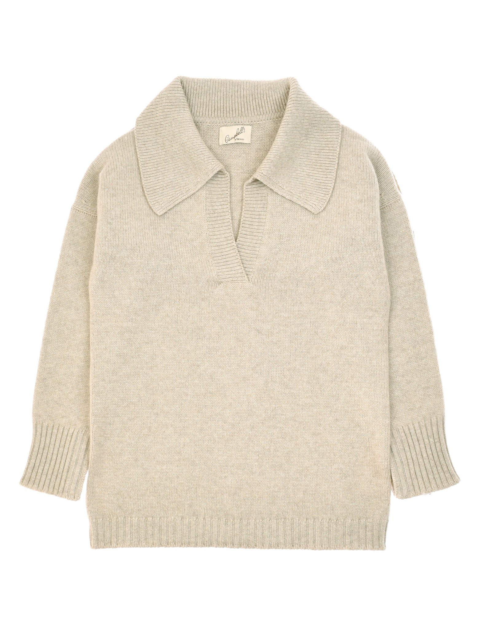 The Campbells of Beauly Cashmere Shirt Jumper in medium dyed features long sleeves, a wide collar, V-neck, and ribbed edges. Crafted from cashmere yarn, it draws inspiration from classic styles of the Scottish Borders. Laid flat on a white background.