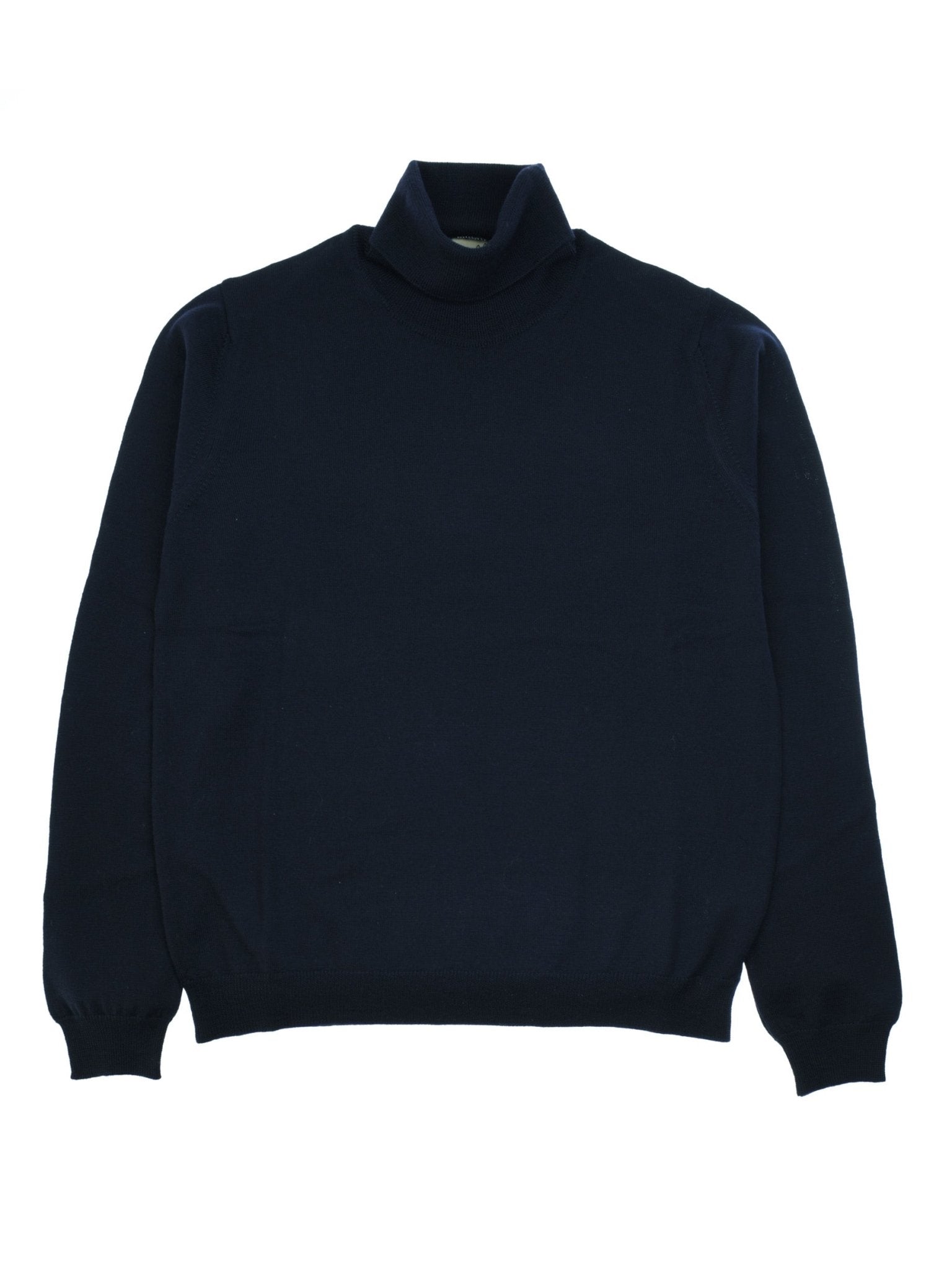 The Campbells of Beauly Merino Poloneck in navy is a plain, long-sleeved sweater, laid flat on a white background—ideal for smart layering and versatile style.
