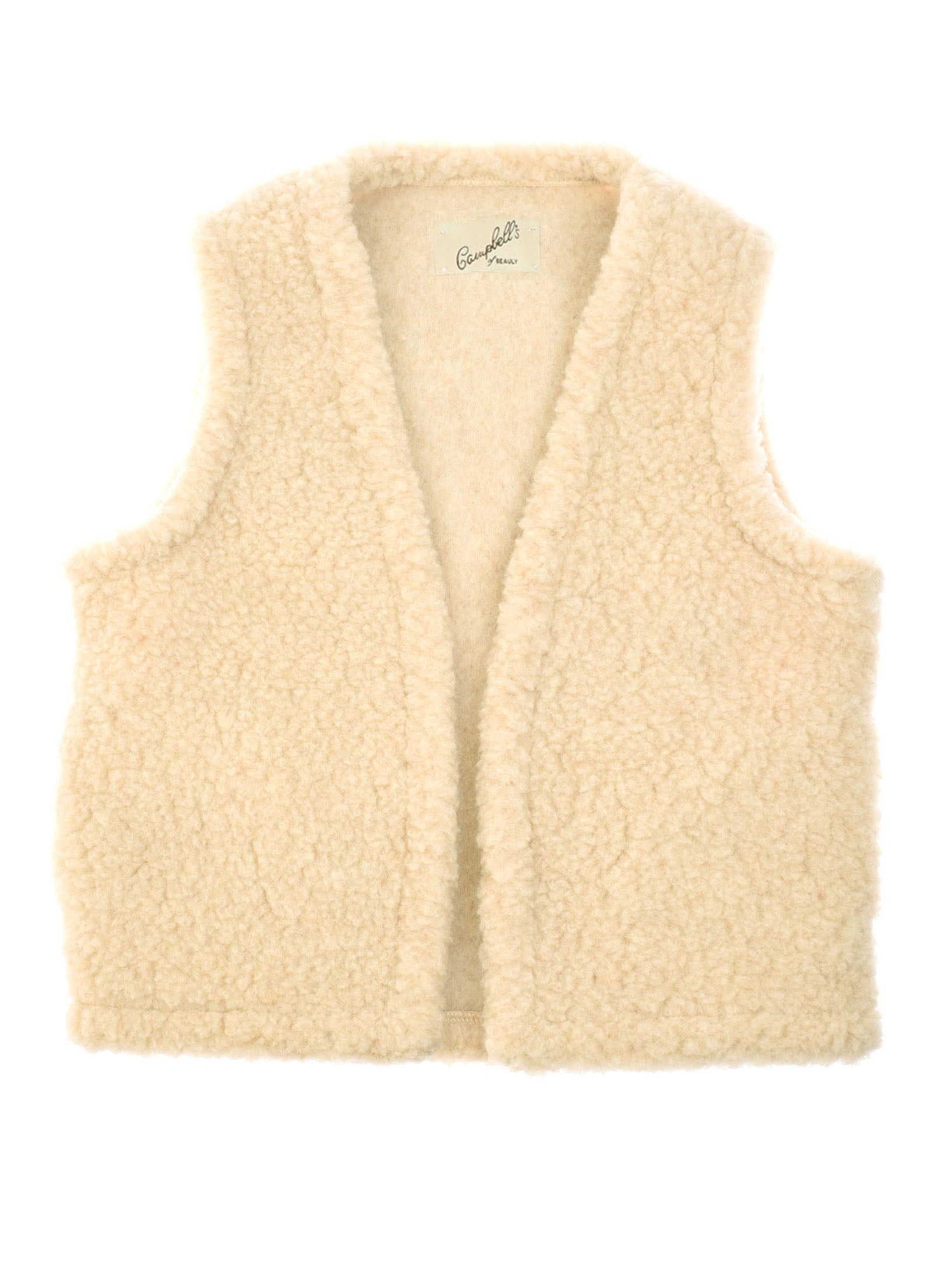 A sleeveless, natural wool shrug from Campbells of Beauly offers lightweight warmth with its soft, textured look and open front—perfect for layering. Shown on a white background.