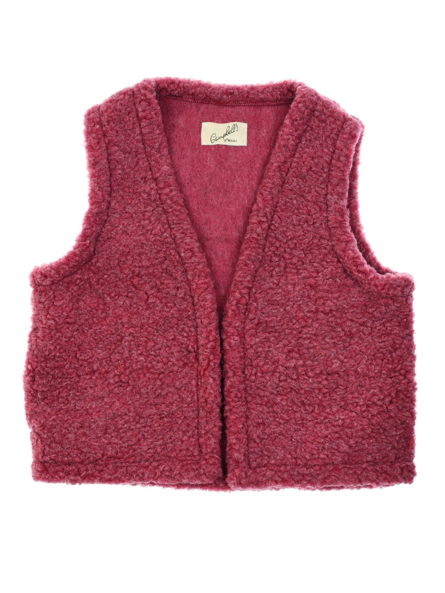 The Campbells of Beauly Wool Shrug is a sleeveless, open-front vest in textured Rosewood fleece, providing lightweight warmth ideal for layering. Shown laid flat on a white background.