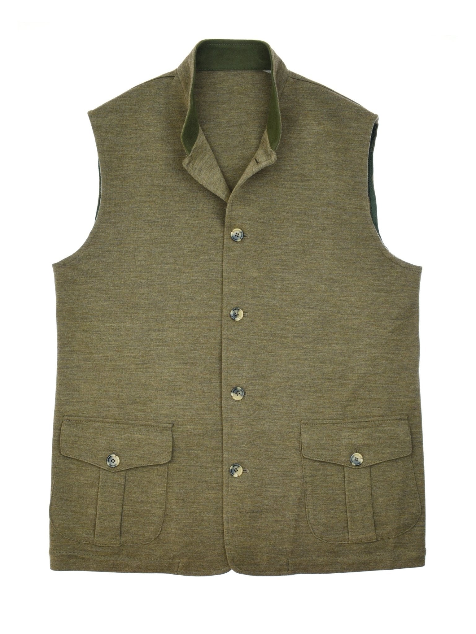 The Campbells of Beauly Knitted Nehru Gilet in taupe is sleeveless, features a stand-up collar, five front buttons, and two flap pockets. Made from 100% wool, this versatile layering piece is displayed flat on a white background.