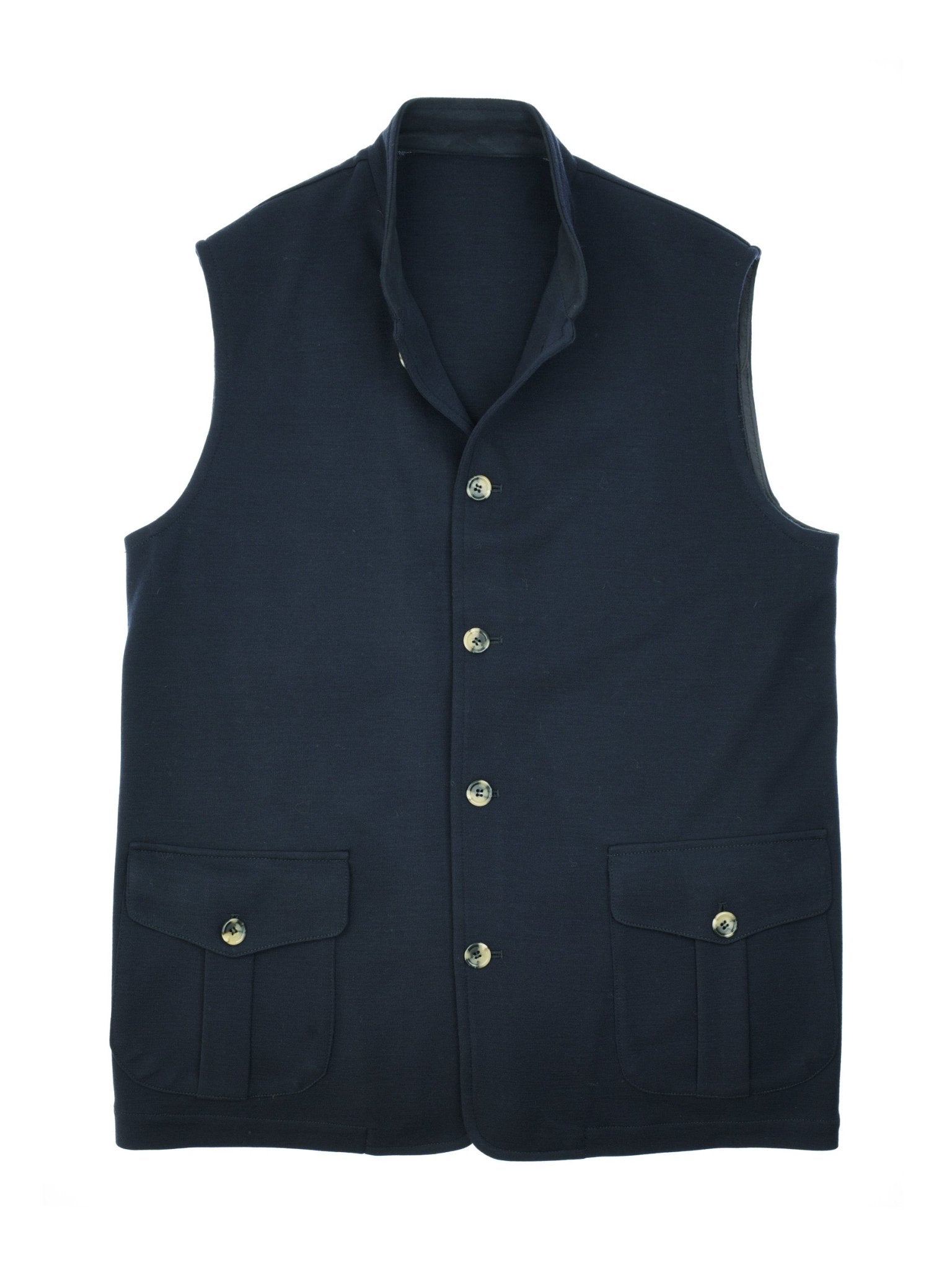 The Campbells of Beauly Knitted Nehru Gilet in navy is crafted from 100% wool, featuring a stand collar, five front buttons, and two buttoned flap pockets—the perfect layering piece.