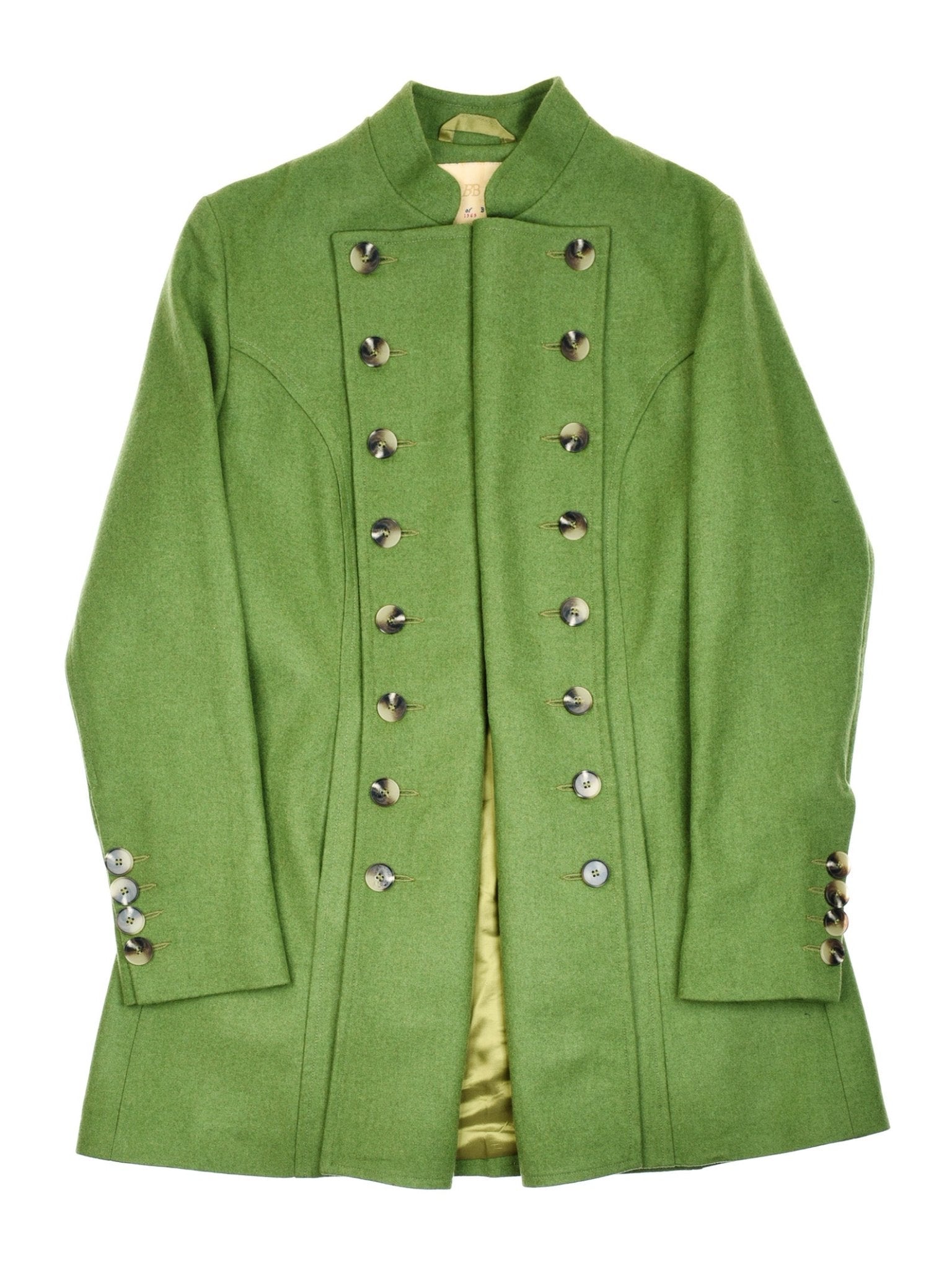 Campbells of Beauly Pirate Coat: a long, tailored green Leichtfried Loden wool coat with a high collar, double-breasted silver-button front, and light yellowish-green satin lining for a modern, refined twist on the classic pirate look.