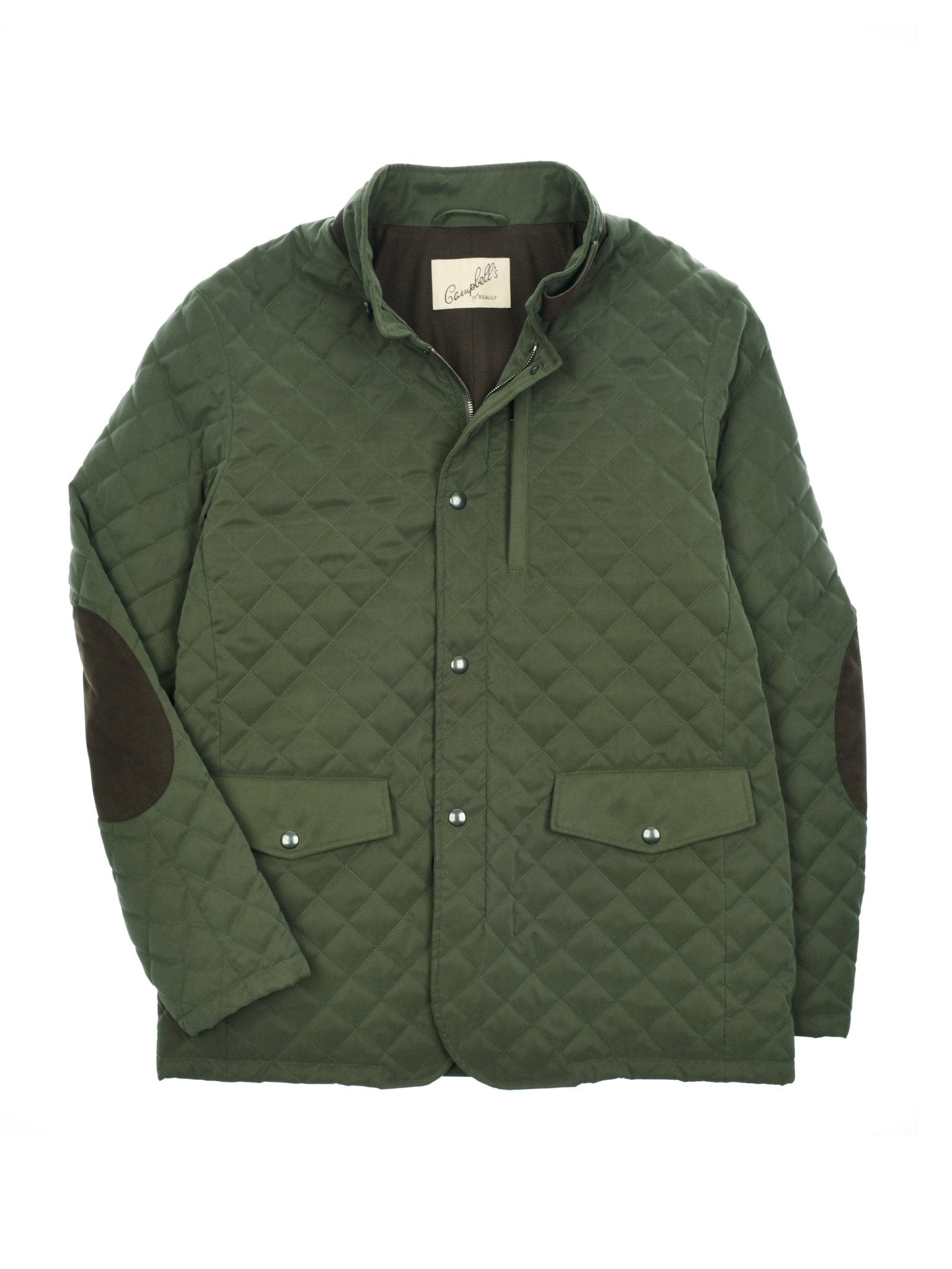 The Tomich Jacket by Campbells of Beauly is an olive quilted jacket with a stand-up collar, snap buttons, front flap pockets, and brown suede elbow patches. Inspired by Highland style, its displayed flat on a white background.