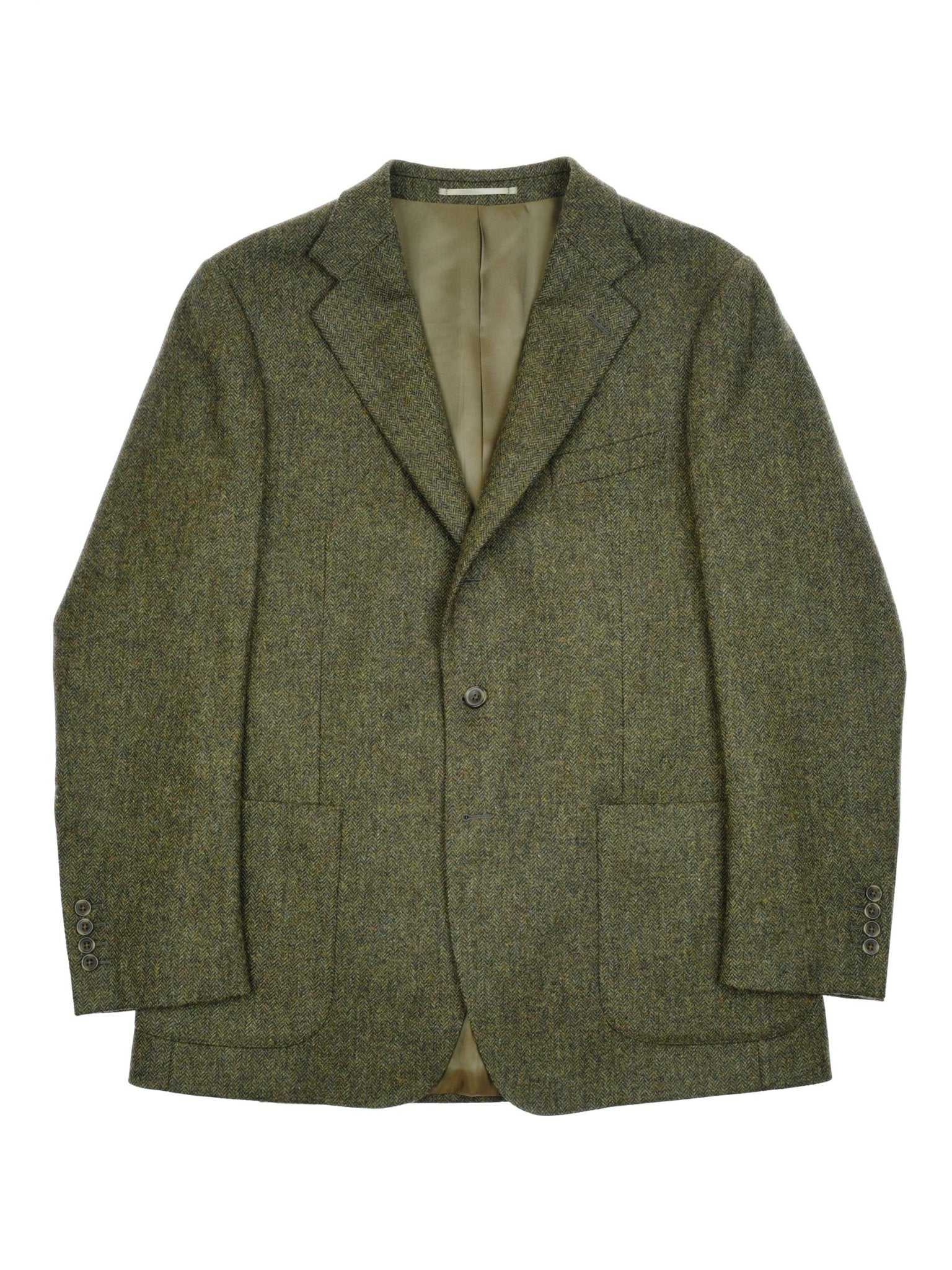 The Campbells of Beauly Forest Herringbone House Jacket is a single-breasted, olive green 100% wool tweed jacket with notched lapels, two patch pockets, and a single button closure, shown flat on a white background.