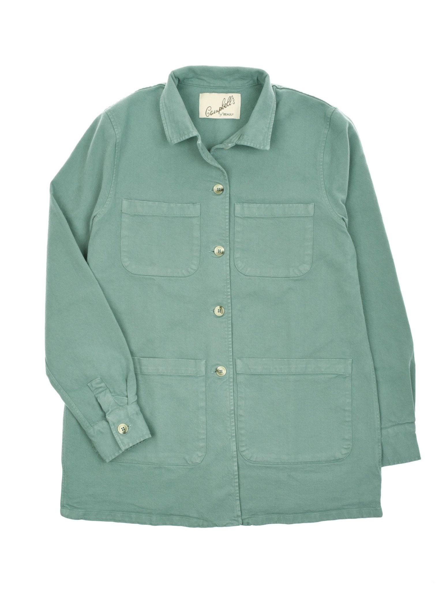 The Campbells of Beauly Summer Chore Jacket in Moss is 100% cotton with a relaxed fit, featuring long sleeves, a collar, two chest pockets, and two large lower front pockets, shown flat on a white background.