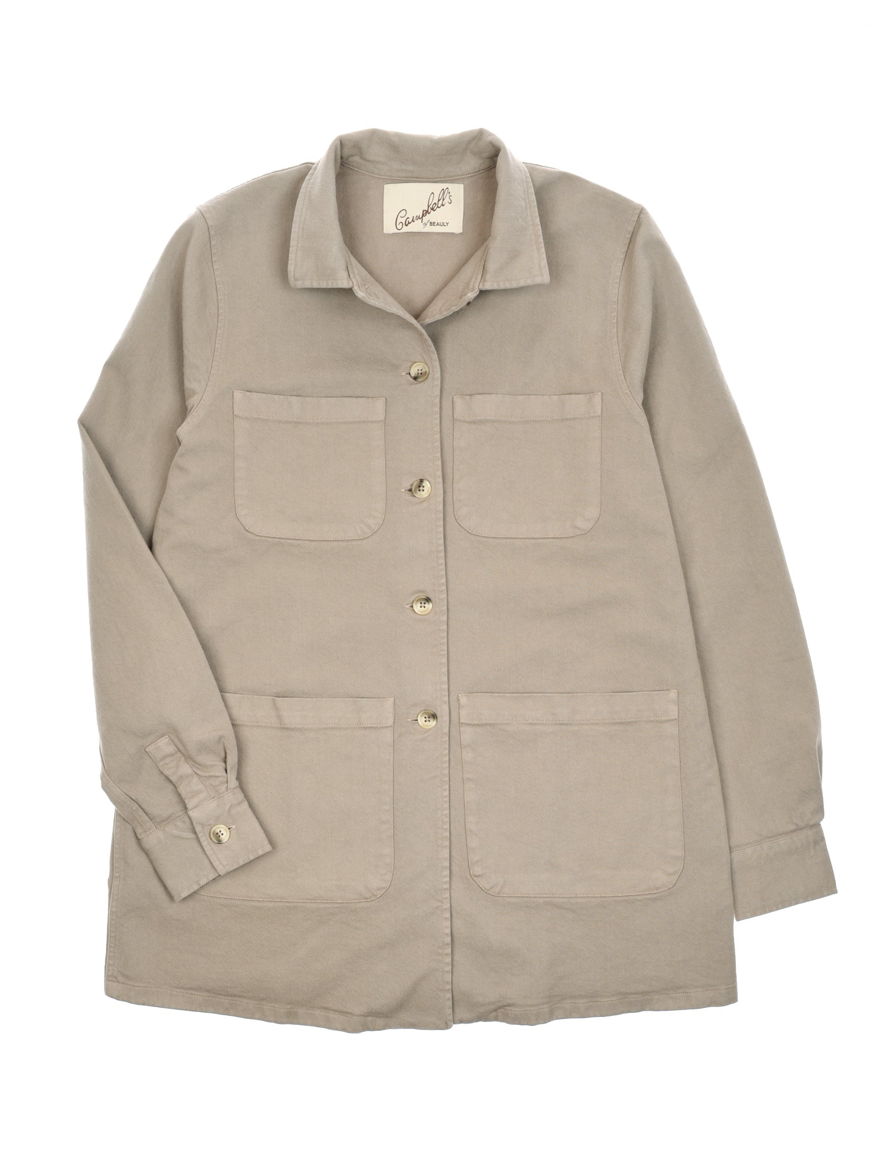 The Campbells of Beauly Summer Chore Jacket is a light beige, heavyweight cotton jacket with long sleeves, a relaxed fit, collar, four front pockets, and light buttons—ideal for summer layering. Shown laid flat on a white background.