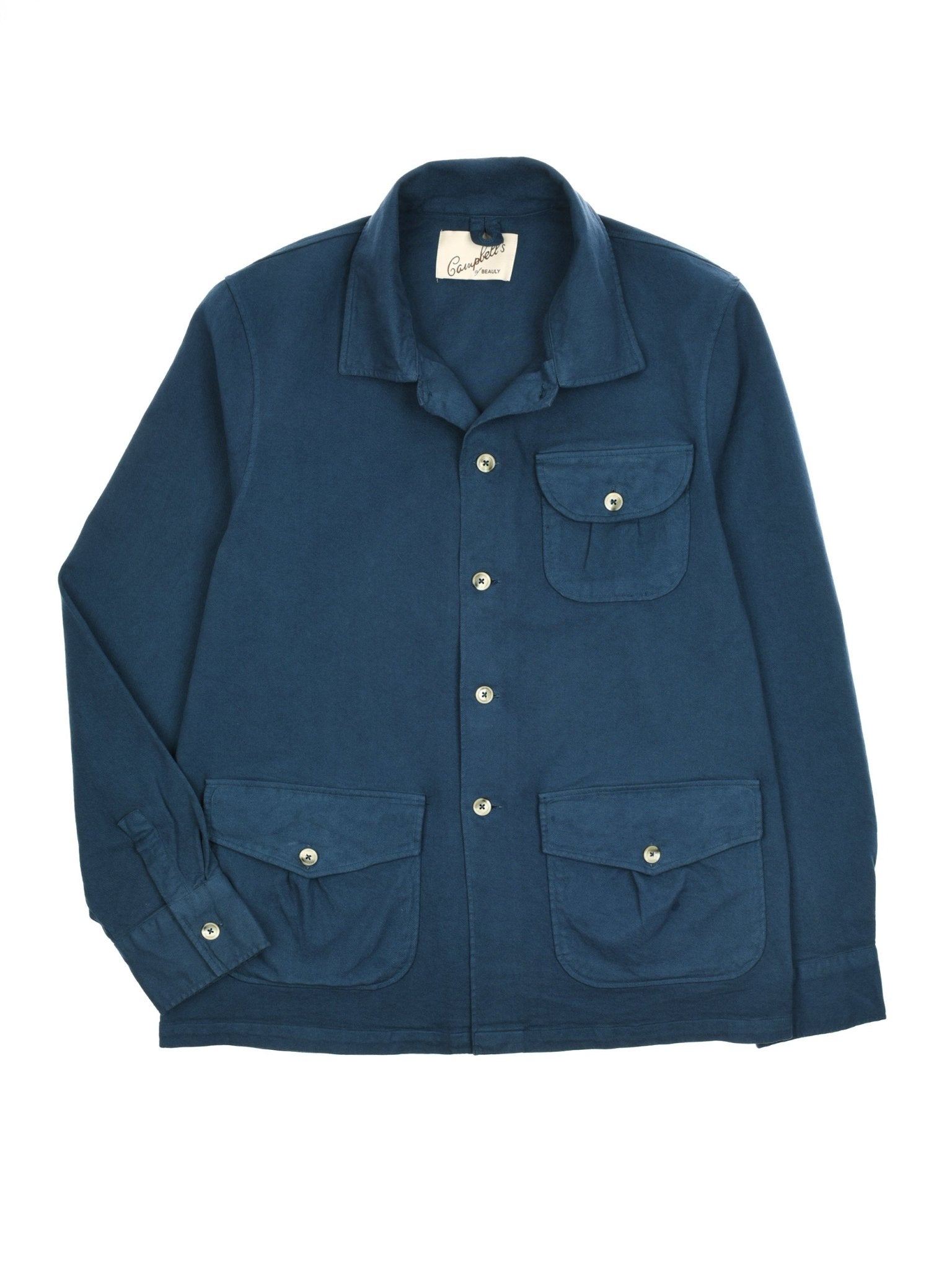 The Campbells of Beauly Field Chore Jacket in navy features a collar, four front pockets (three with flaps and buttons), soft structured cotton, and a branded neck label.