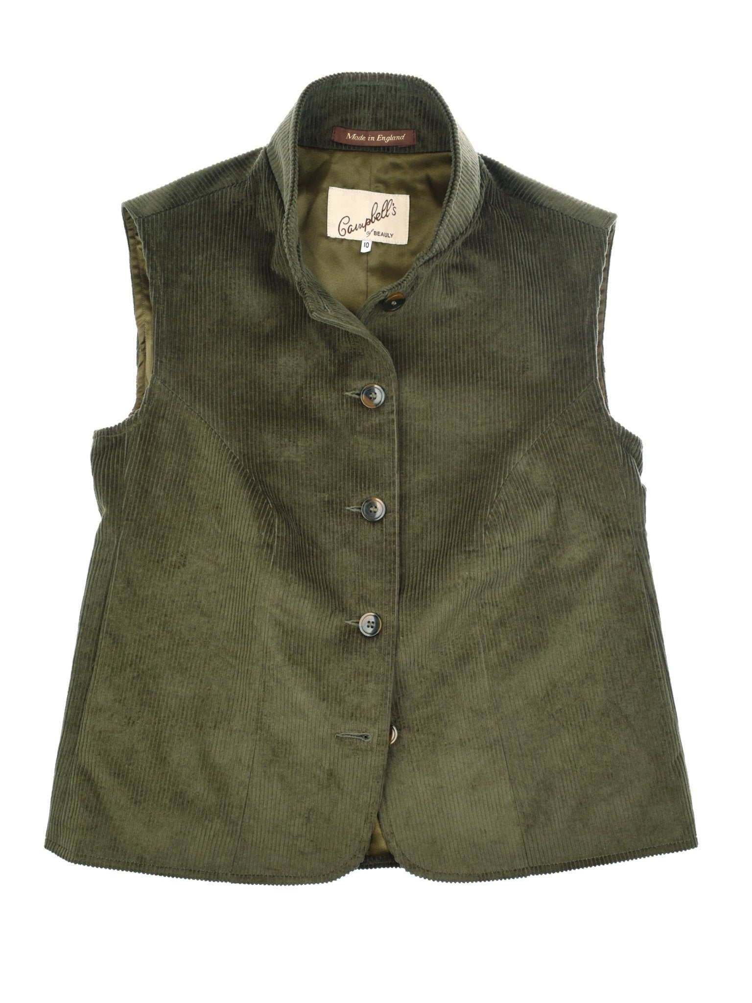 The Campbell's of Beauly Corduroy Gilet in olive is a sleeveless vest with a high collar, four front buttons, and inner tags, blending classic corduroy style with country elegance.