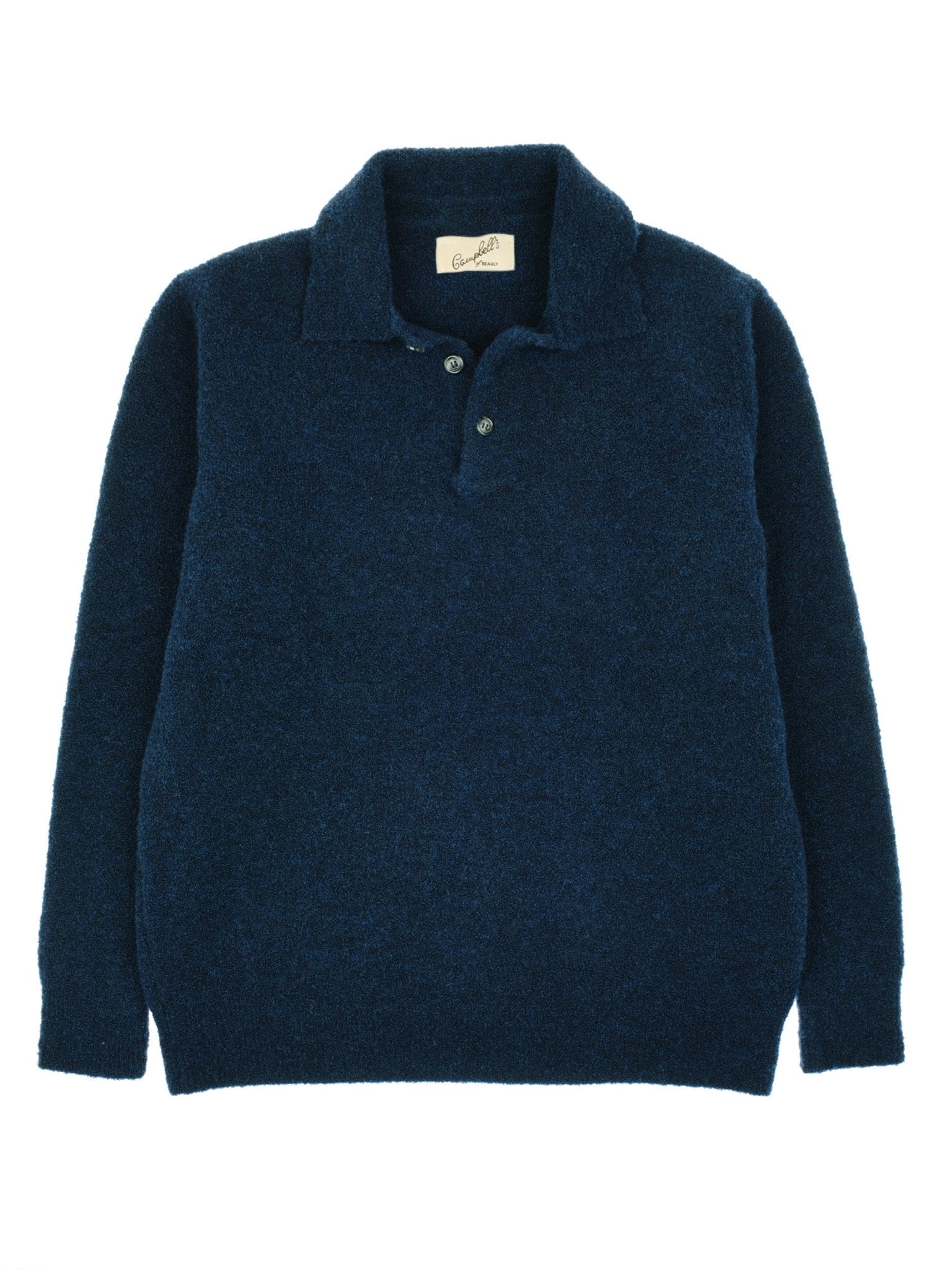 The Bouclé Polo Sweater by Campbell's of Beauly in indigo features long sleeves, a collared knit design, and a partial button placket, shown laid flat on a white background.