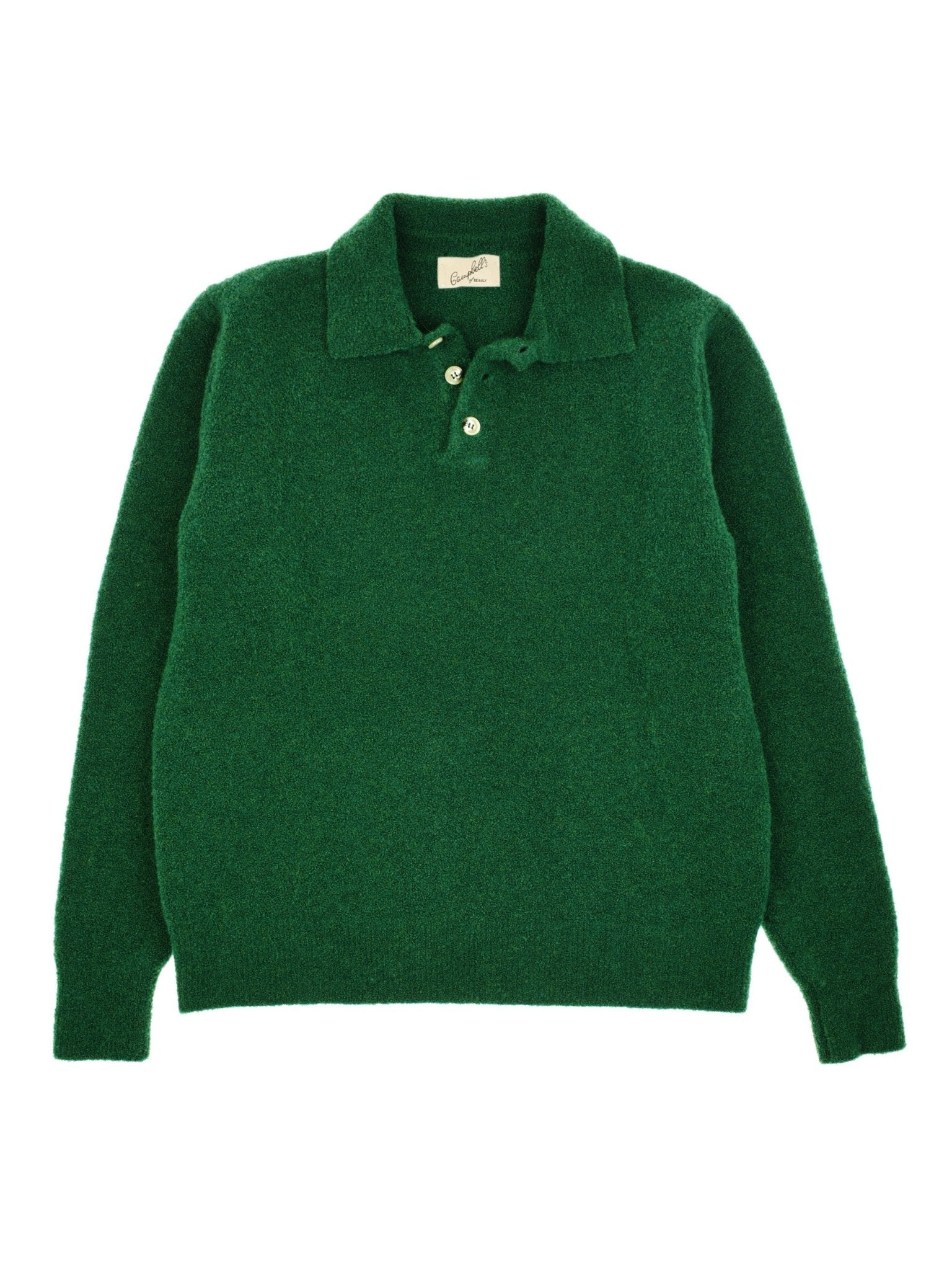 The Bouclé Polo Sweater by Campbell's of Beauly, in pine green, features long sleeves, a fuzzy knit texture, a collared neckline, and three white buttons at the neck. It's shown laid flat on a white background.