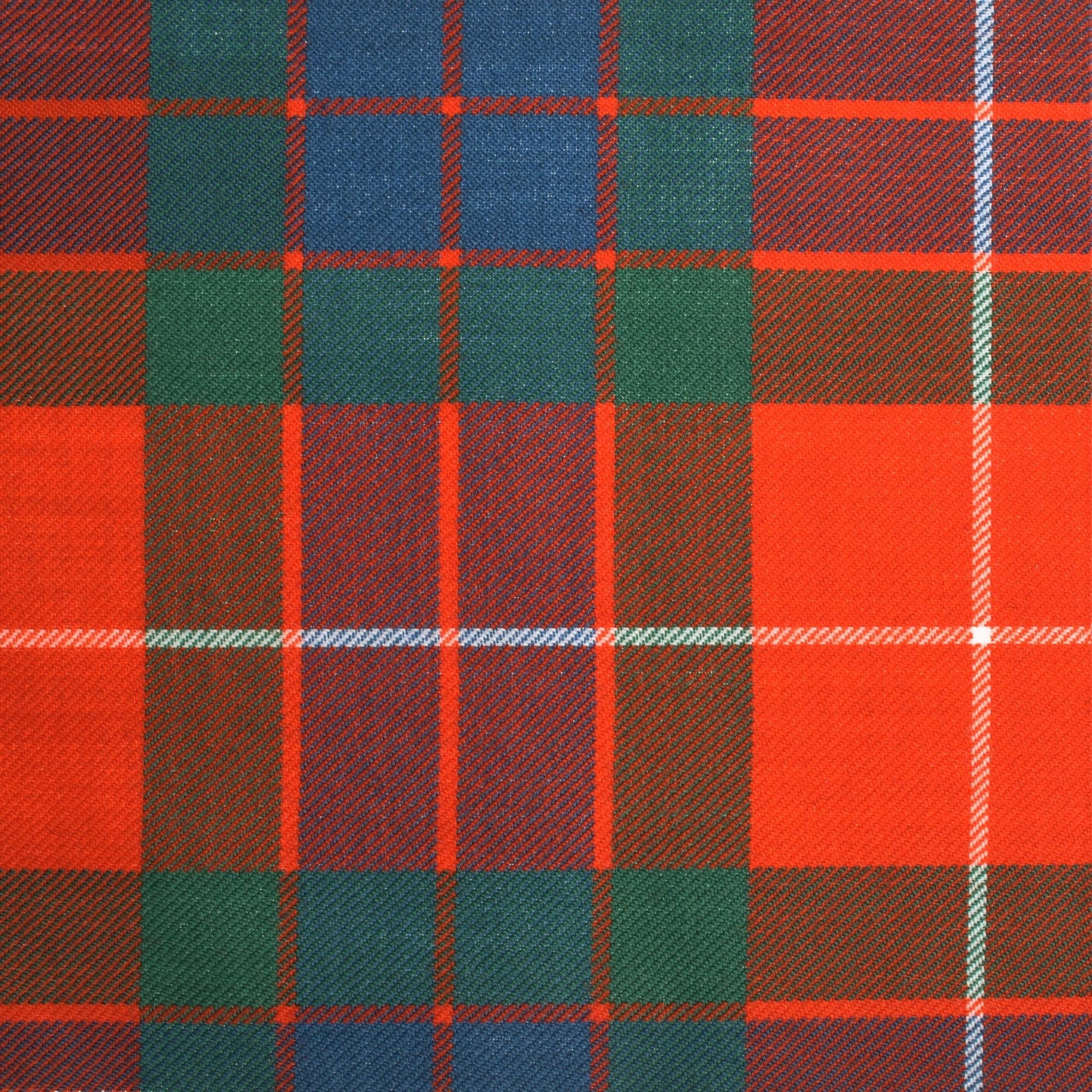 A close-up of the Fraser Red Heavyweight Tartan by Campbells of Beauly, showing its rich red, green, blue, and white intersecting lines that create a colorful grid on traditional kilt fabric.