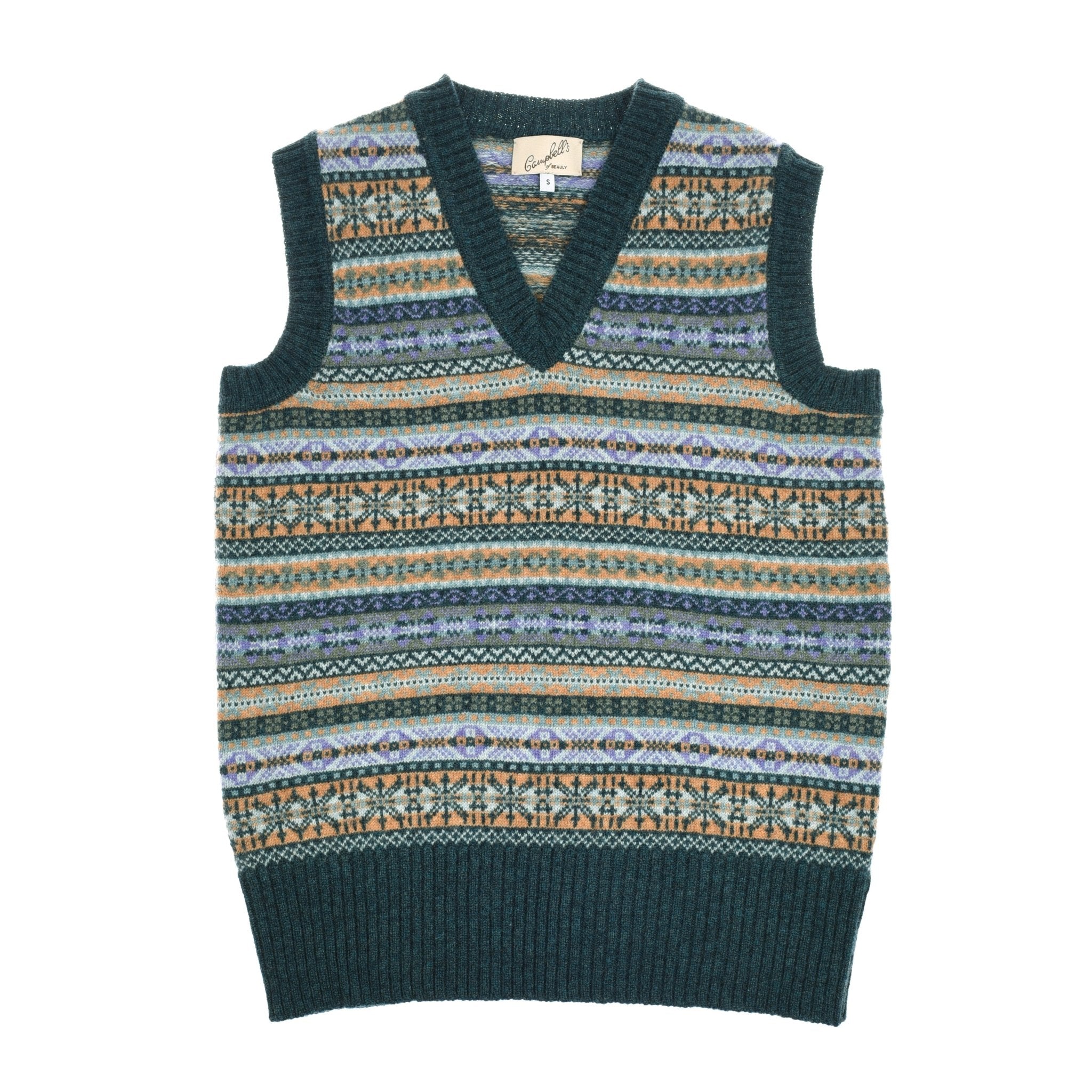 The Campbells of Beauly Cashmere V-Neck Fairisle Slipover features a traditional pattern in teal with solid ribbed edges at the collar, sleeves, and hem.