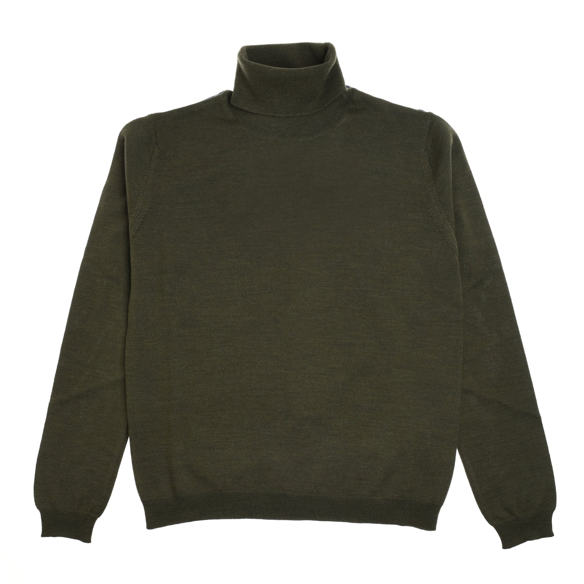 Campbells of Beauly Merino Poloneck in olive laid flat on a white background, front side visible with ribbed cuffs, hem, and collar—crafted from superfine merino wool for smart layering.