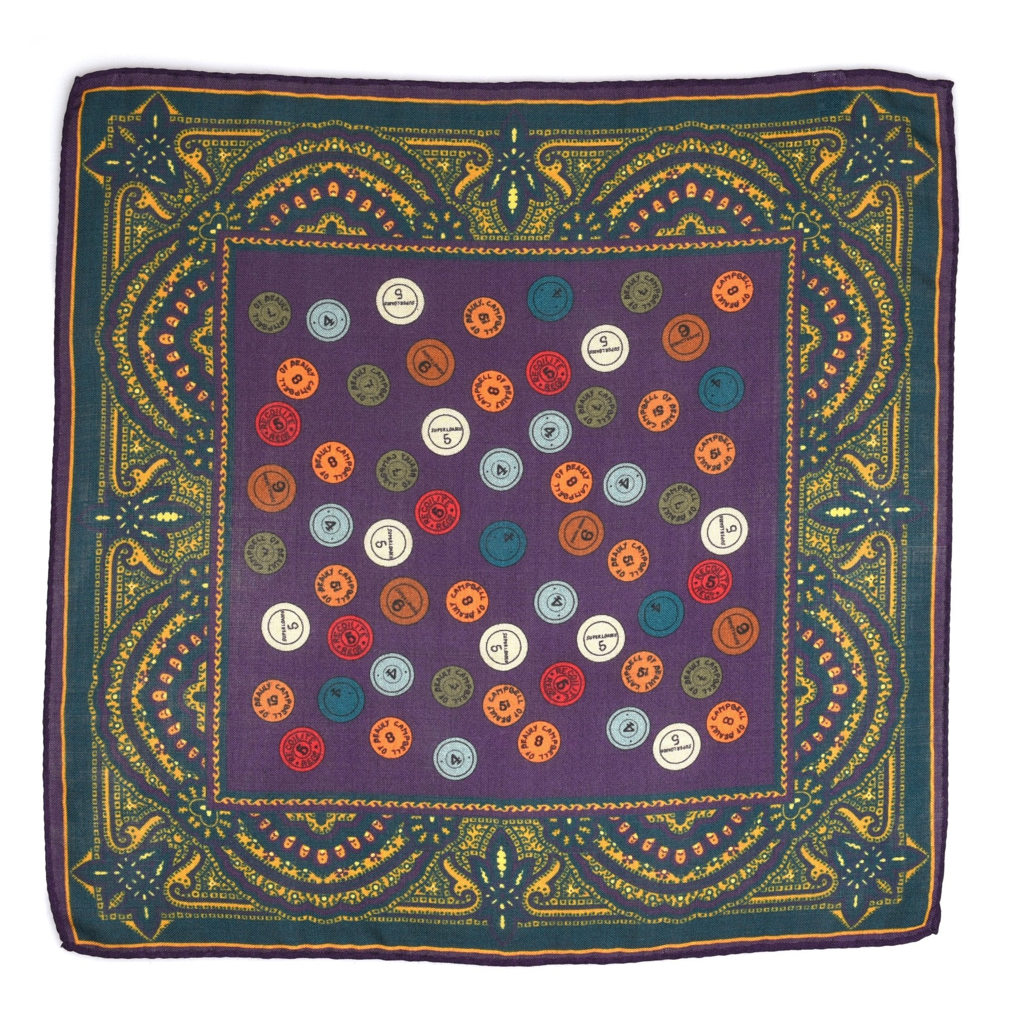 The Campbells of Beauly Wool & Silk Hank is a purple pocket square in luxurious wool and silk, with hand-rolled edges, a yellow-green border, and colorful circular patterns and symbols in red, blue, orange, olive, and white.