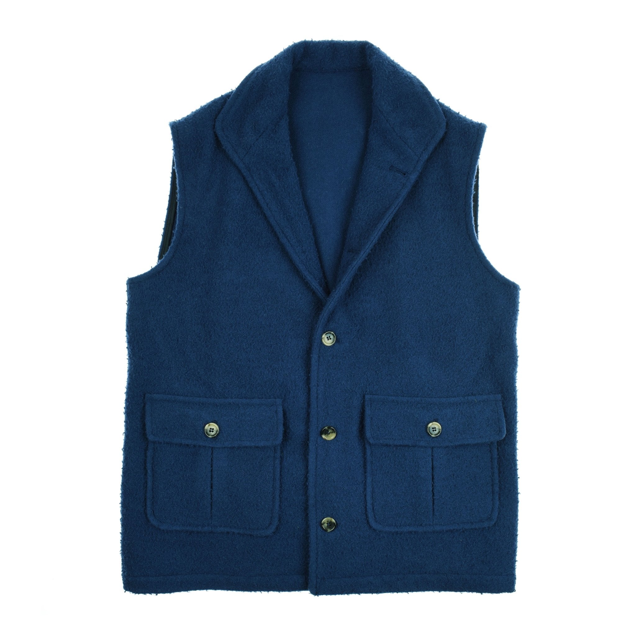 The Casetino Fleece Gilet by Campbells of Beauly is a navy sleeveless vest featuring a notched collar, two front button-flap pockets, and a three-button front closure, displayed flat on a white background.