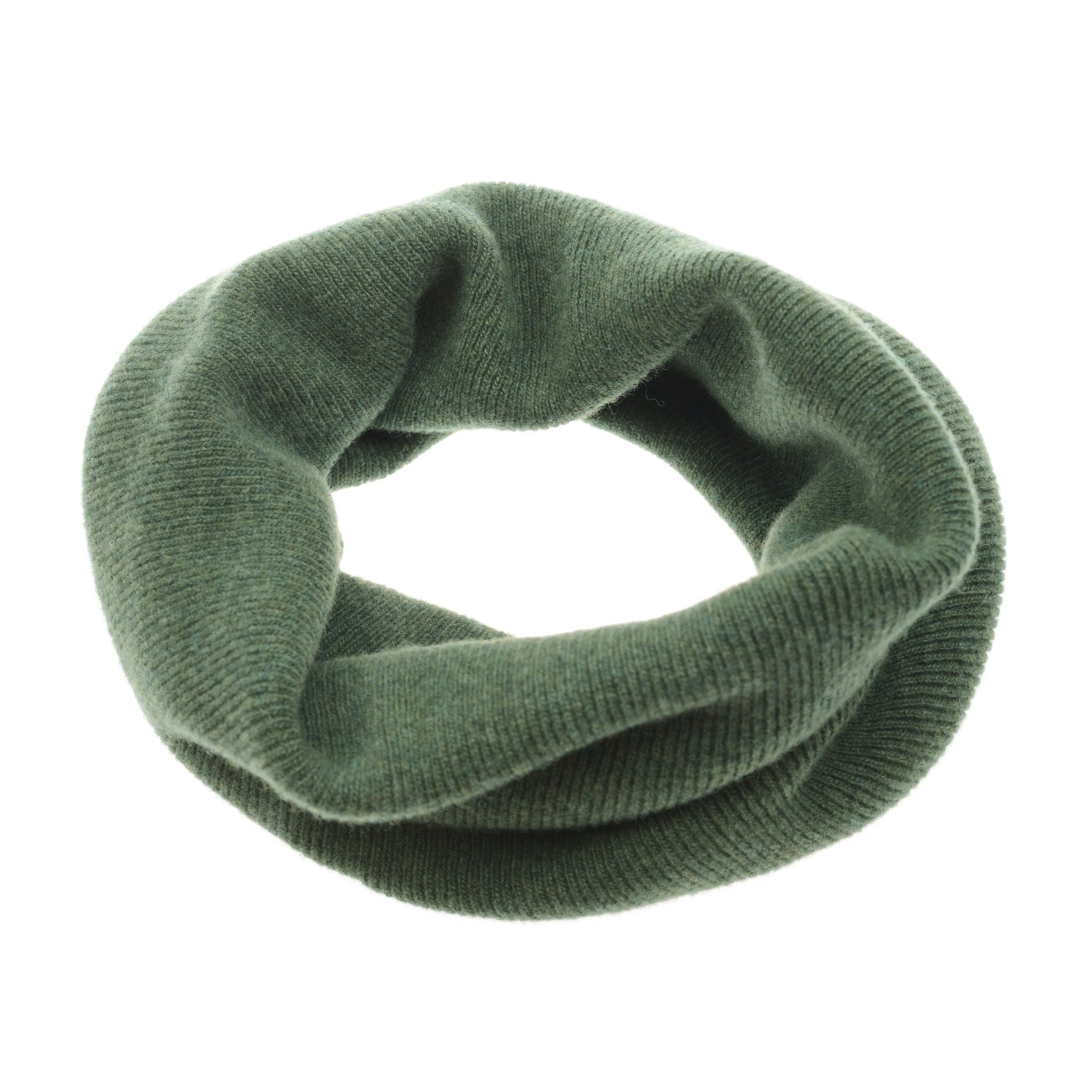 The Campbells of Beauly Lambswool Neckwarmer in Rosemary is a ribbed green knitted infinity scarf, arranged in a loose circle on a white background—perfect for keeping warm on chilly days.