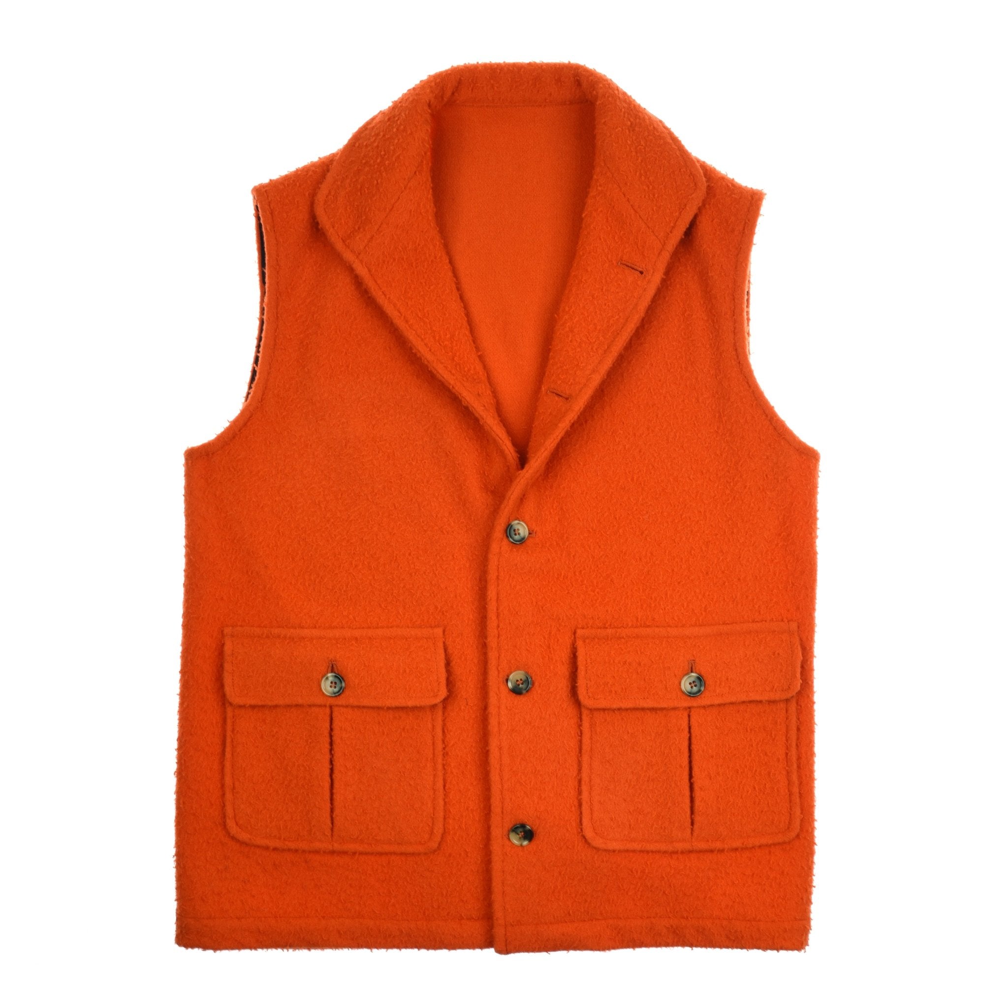 The Casetino Fleece Gilet by Campbells of Beauly is a bright orange vest with a wide collar, three front buttons, and two large lower flap pockets with button closures. It features a textured finish and has no visible inner lining.