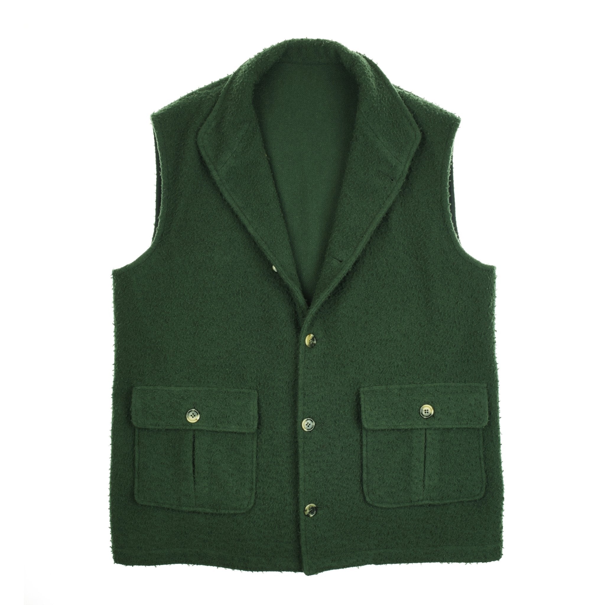The Casetino Fleece Gilet by Campbells of Beauly is an olive, sleeveless vest featuring a notched lapel collar, button closure, and two large front flap pockets. Its soft, slightly fuzzy texture adds charm. Laid flat on a white background.