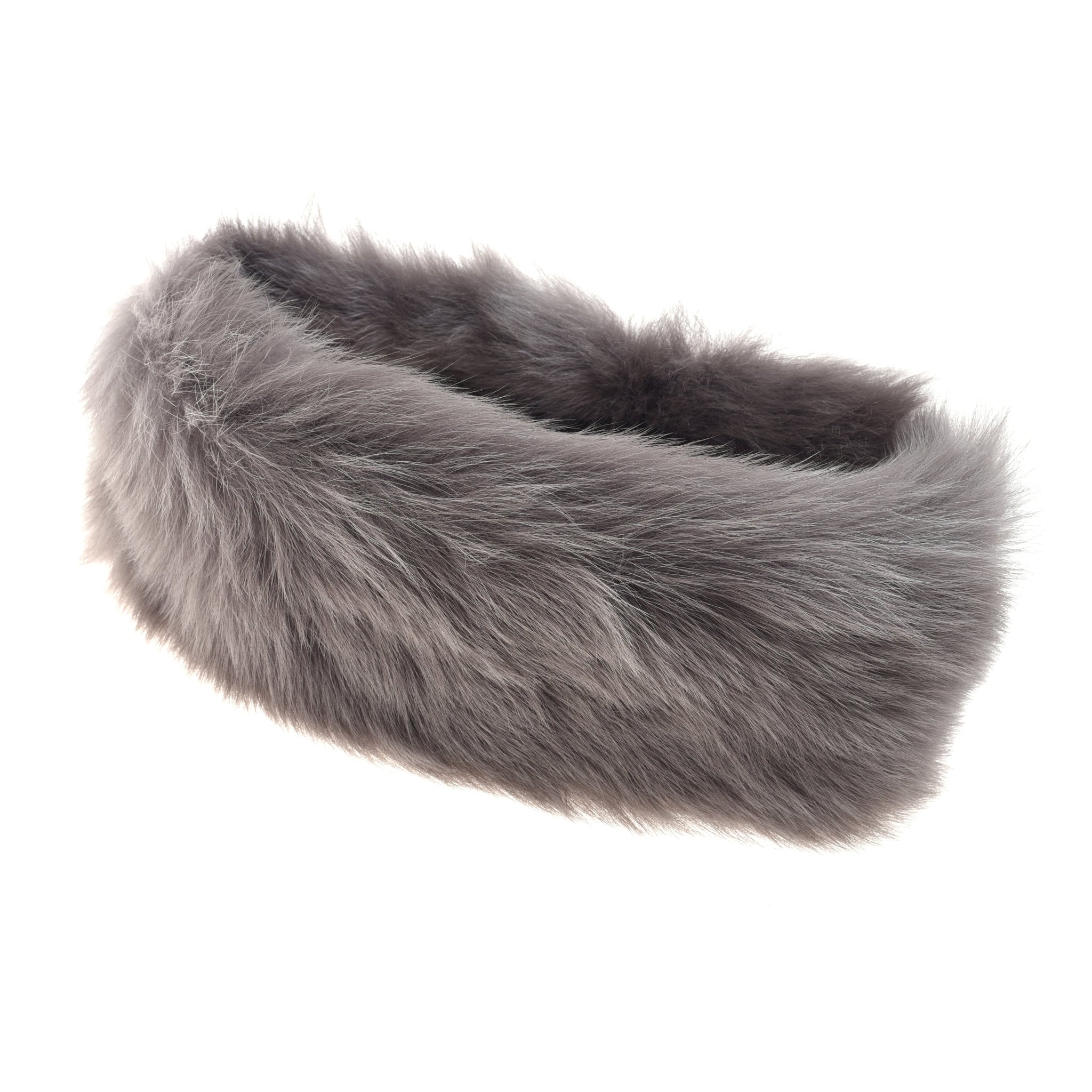 The Campbells of Beauly Sheepskin Headband in grey is displayed on a white background, featuring soft, thick Toscana sheepskin fur arranged in a circular shape.