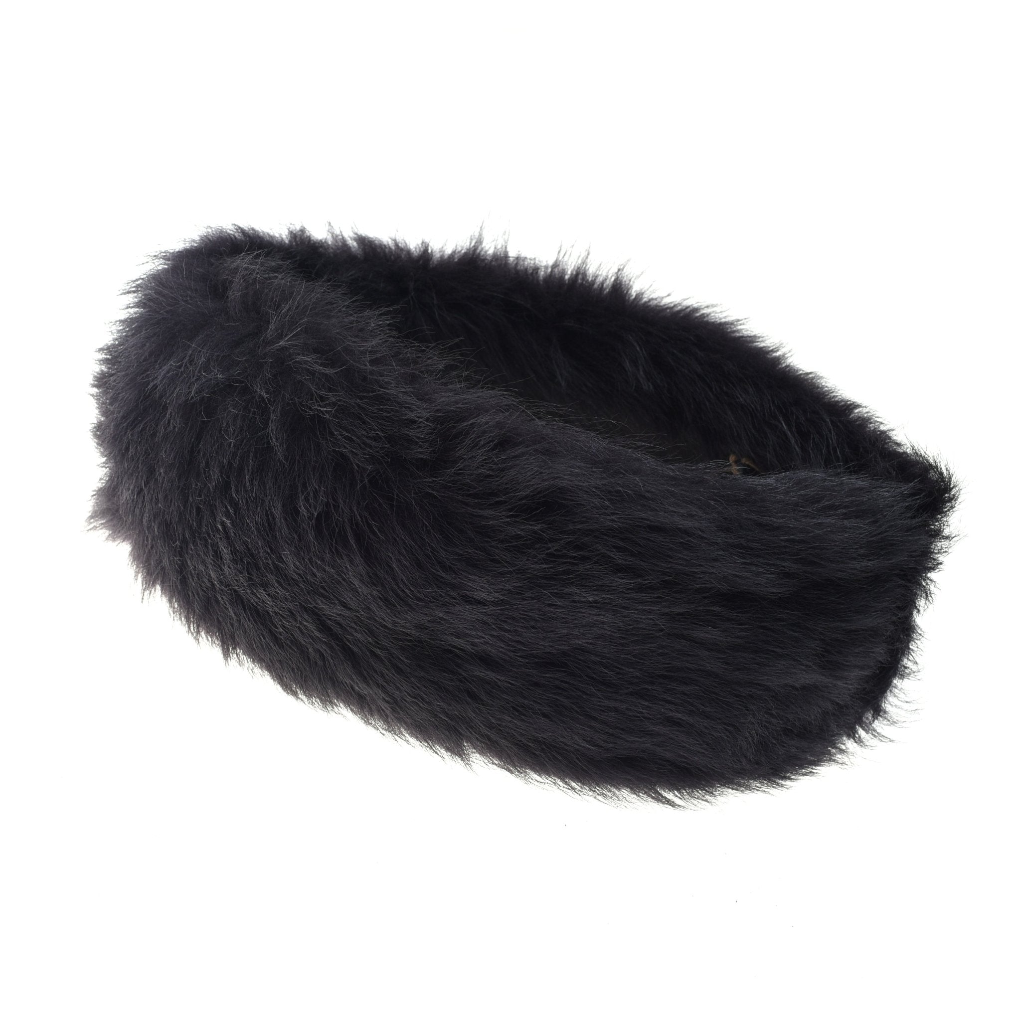 The black Sheepskin Headband by Campbells of Beauly is shown against a white background. The handmade headband has a soft, thick Toscana sheepskin texture, with fur covering the entire surface for warmth.