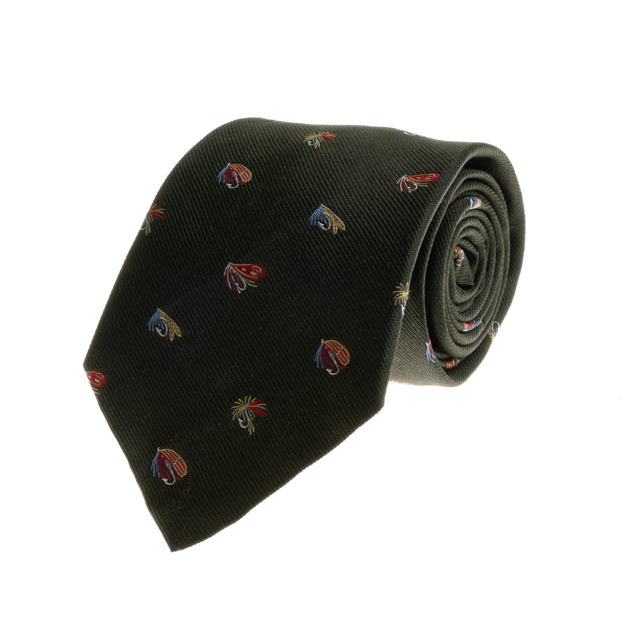 The Campbells of Beauly Fishing Fly Silk Tie in green features colorful fishing fly embroidery and a subtle ribbed texture, crafted from pure silk, and is neatly rolled on a white background.
