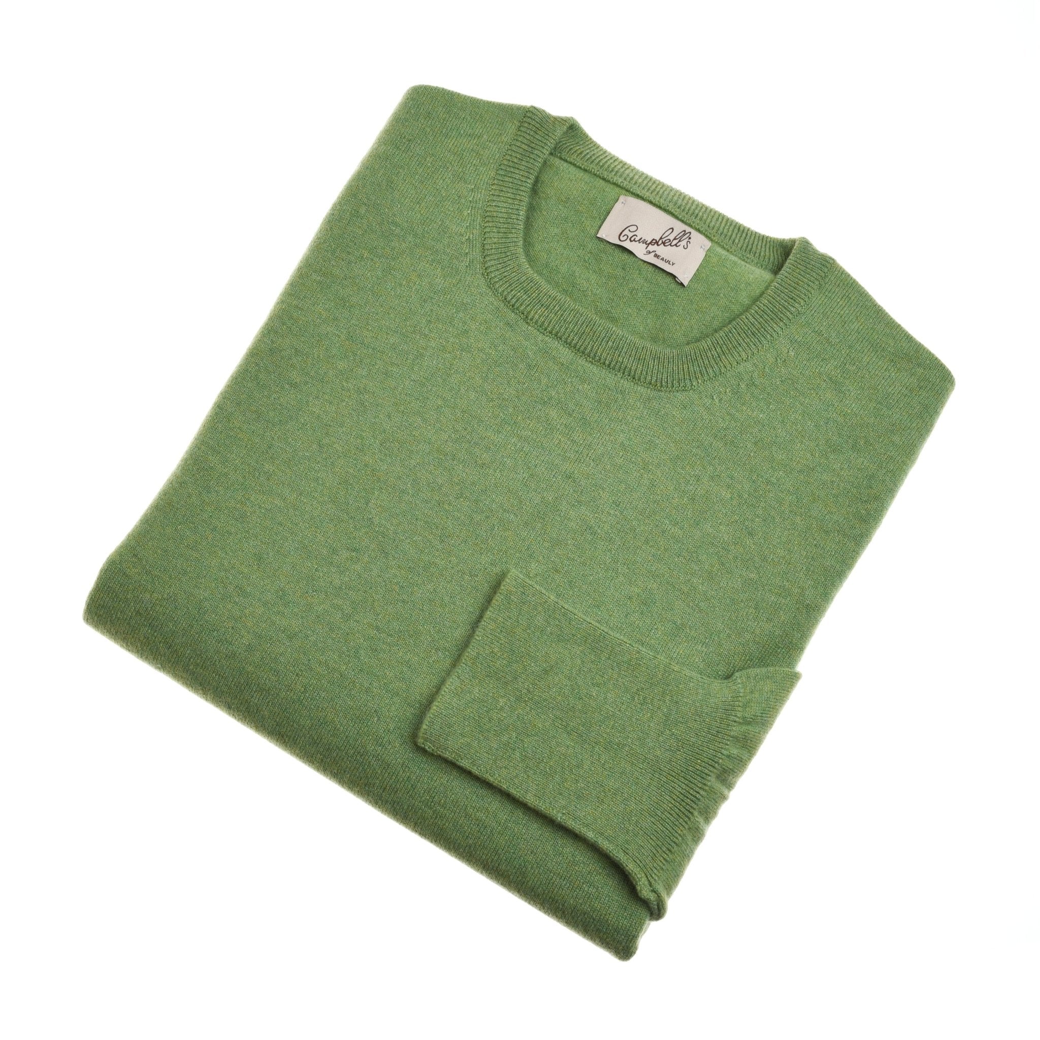 A neatly folded Campbells of Beauly Cashmere Crew Neck Jumper in Foliage is displayed on a white background, featuring a tag at the round neckline. This luxurious piece is crafted in the Scottish Borders.