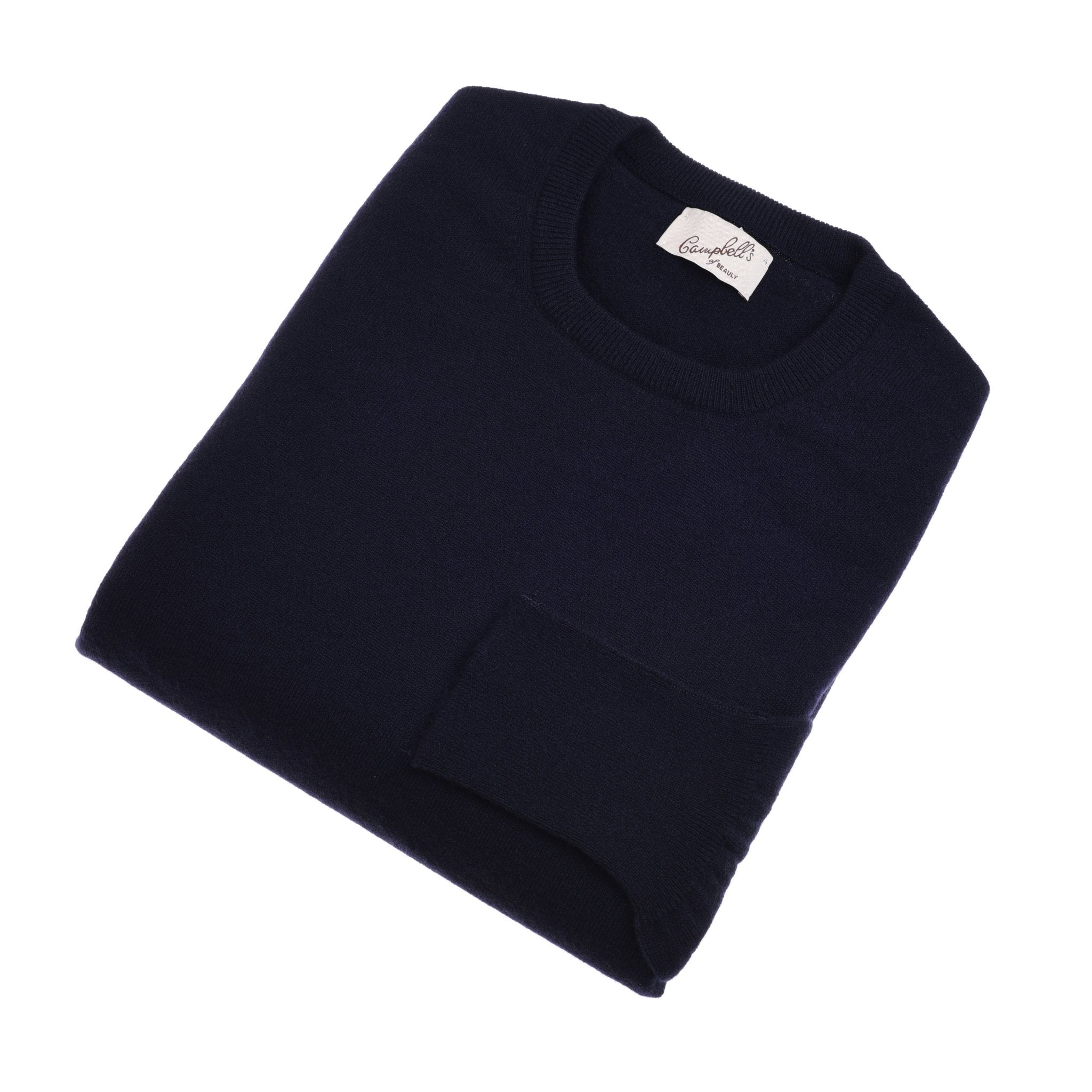 A navy Cashmere Crew Neck Jumper by Campbells of Beauly, neatly folded with a visible collar label on a white background, highlights its luxurious Scottish Borders-inspired quality.