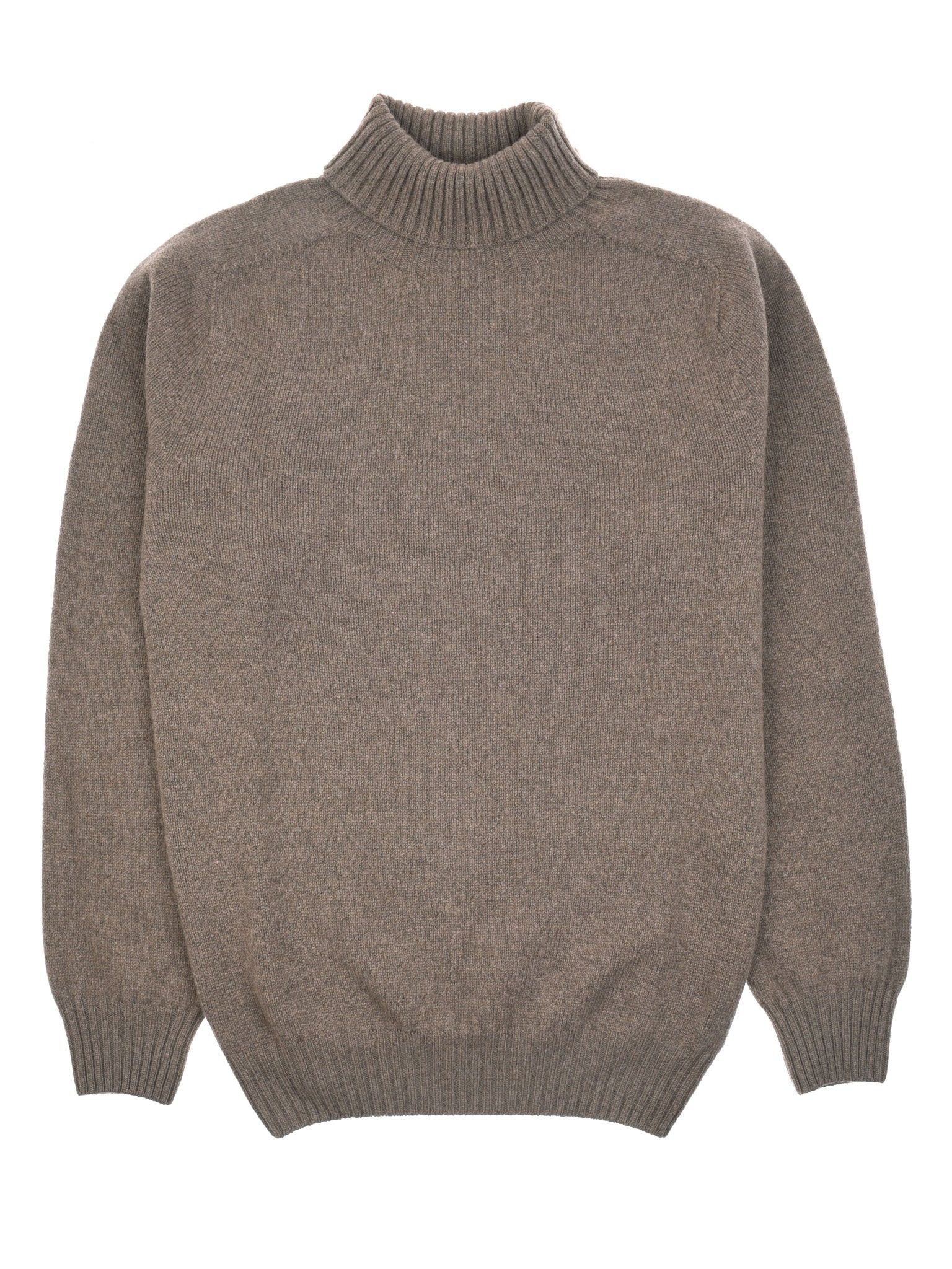 The Campbell's of Beauly Auld Stock Lambswool Roll Neck in ash is a plain, long-sleeved knit sweater with ribbed cuffs, hem, and roll neckline, crafted from superfine lambswool and shown laid flat on a white background.
