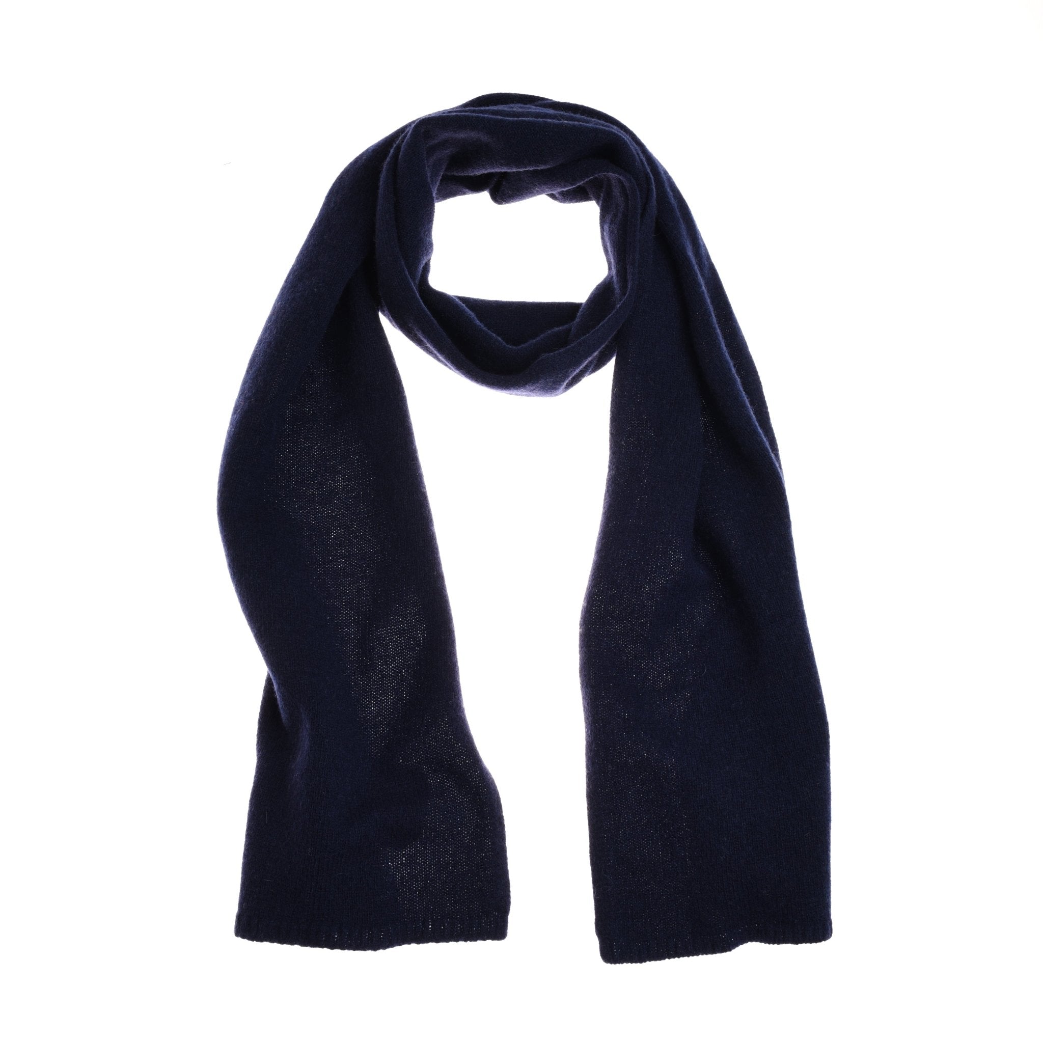 The Campbells of Beauly Recycled Cashmere & Merino Scarf in navy, crafted from soft, knitted fabric, is laid flat on a white background with its ends hanging down—an essential winter accessory.