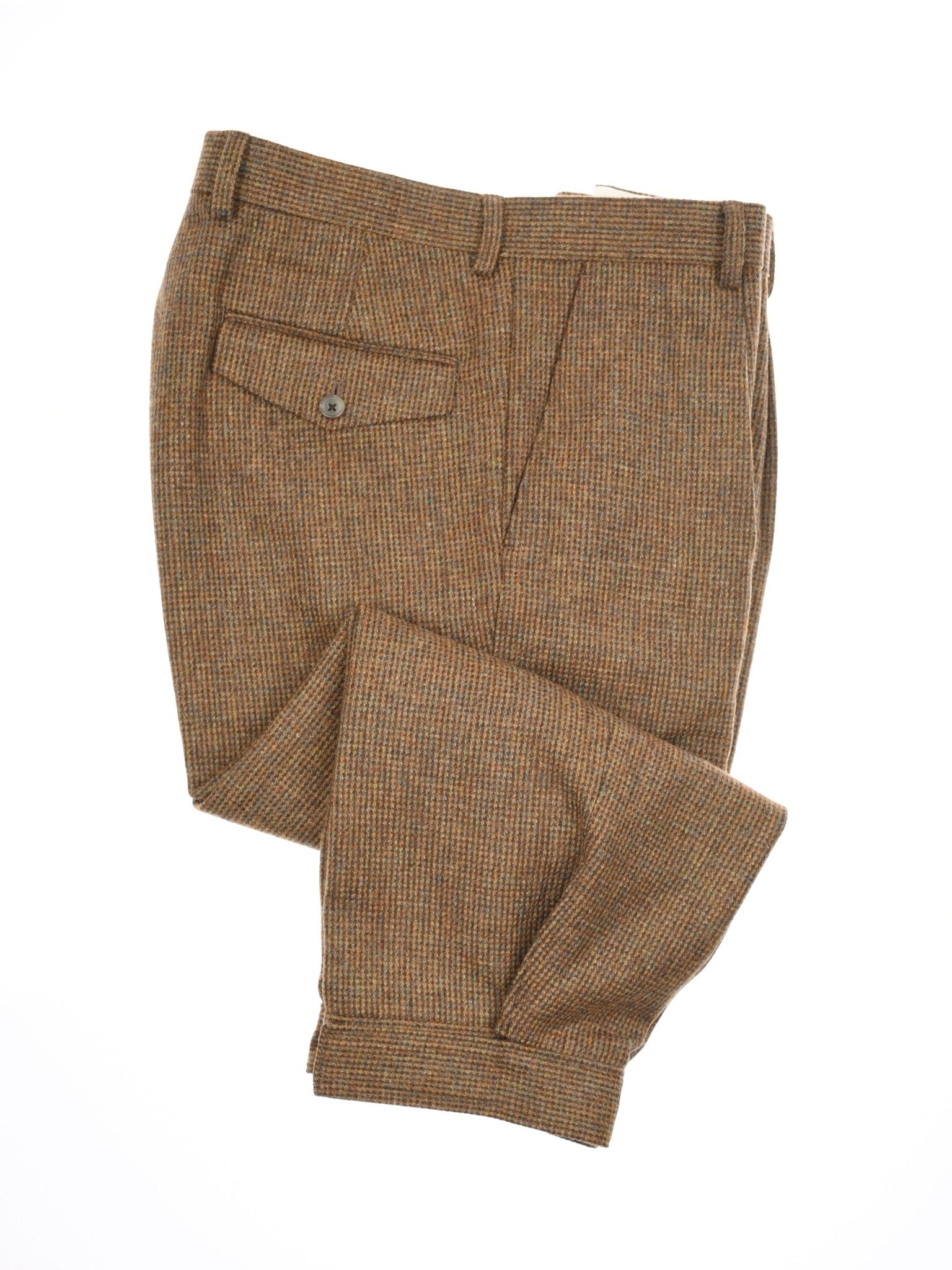 Campbells of Beauly Tweed Breeks in brown, featuring a Scottish-woven check pattern, buttoned back flap pocket, and folded cuffs, laid flat on a white background.