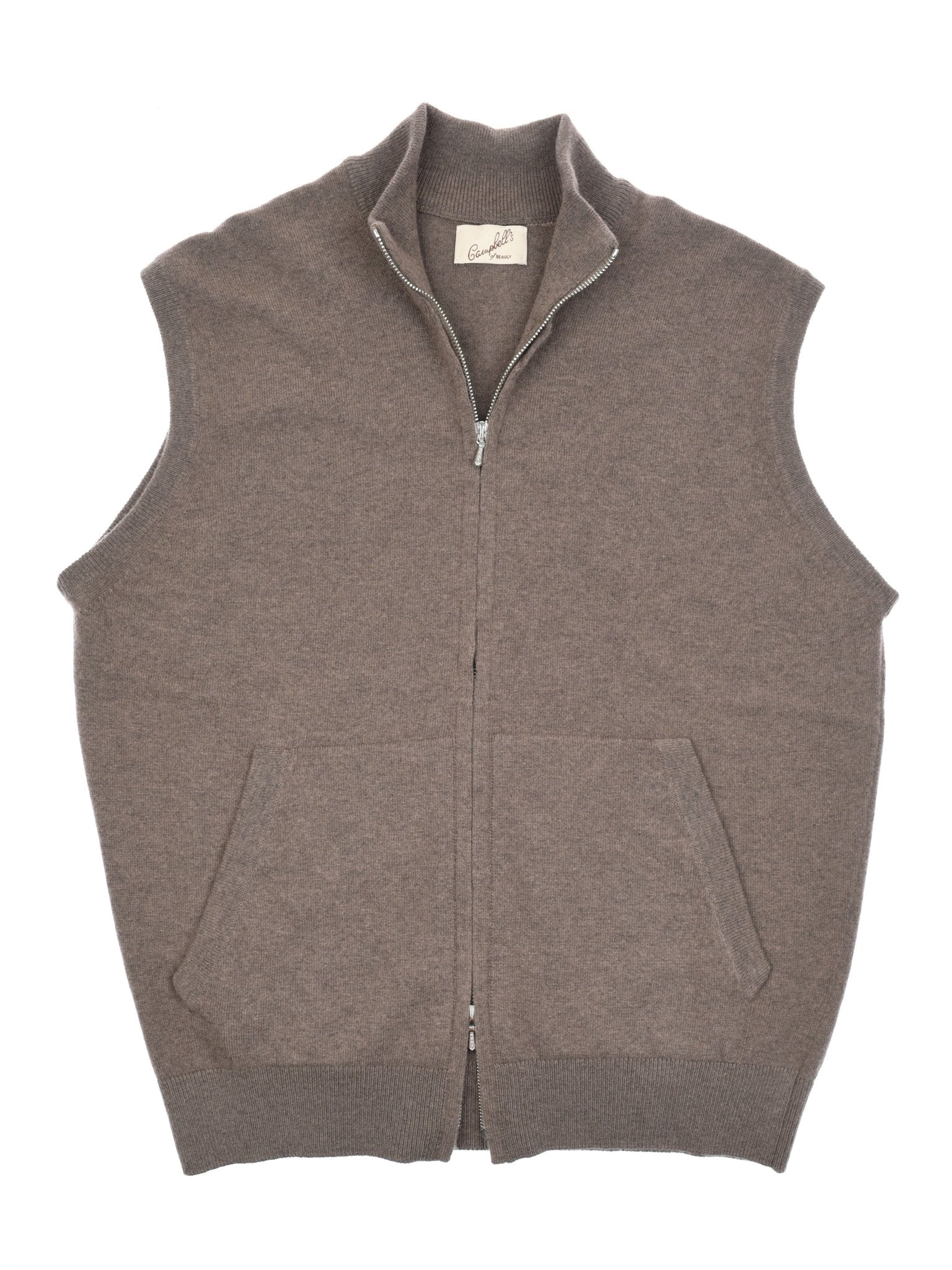 Campbells of Beauly Zip Gilet in chocolate Super Geelong wool features two front pockets, a ribbed hem, and collar. Laid flat on a white background, this brown knit zip gilet exudes timeless style.