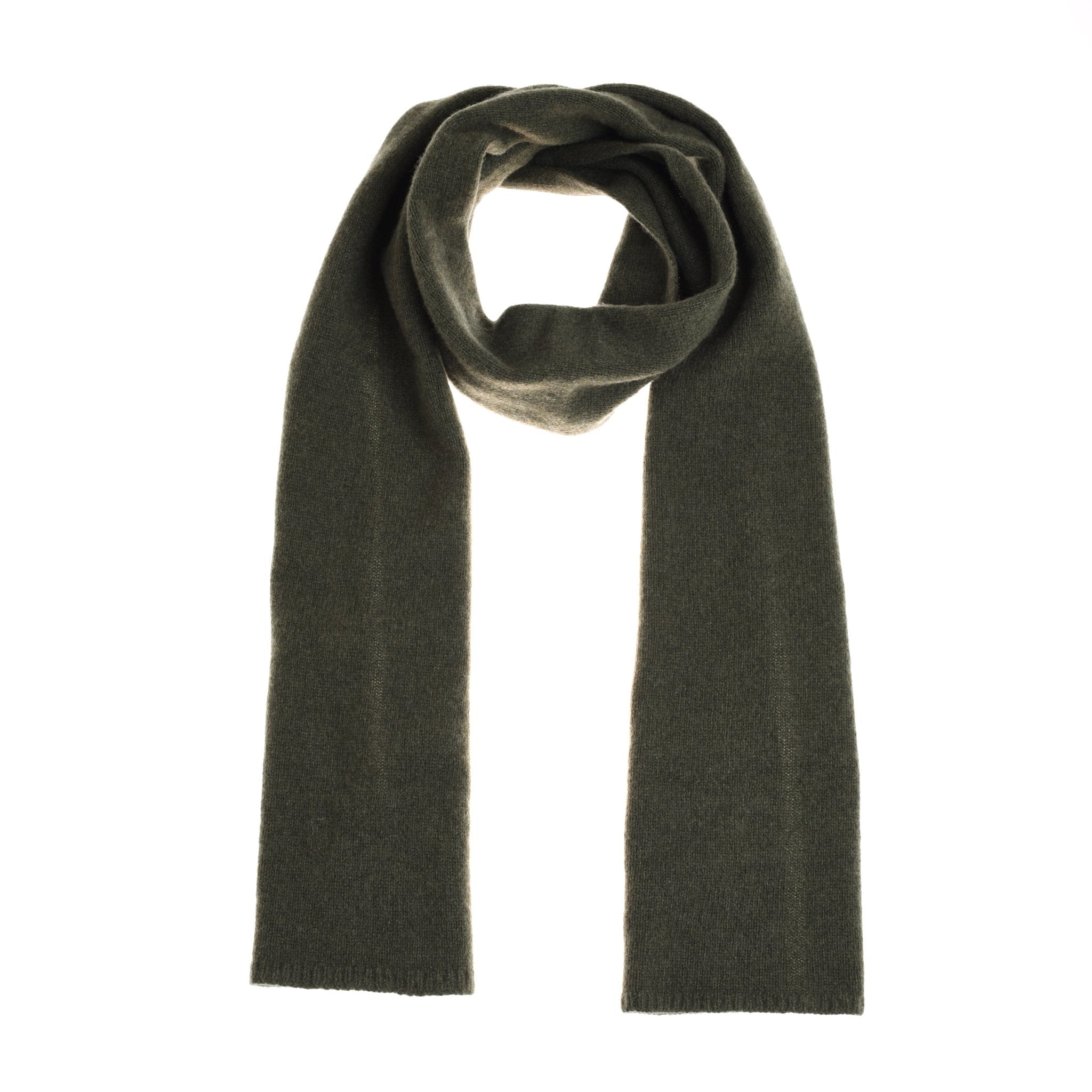 The Campbells of Beauly Recycled Cashmere & Merino Scarf in olive—your winter essential—shown laid flat on a white background, with one end looped around to form a loose circle.