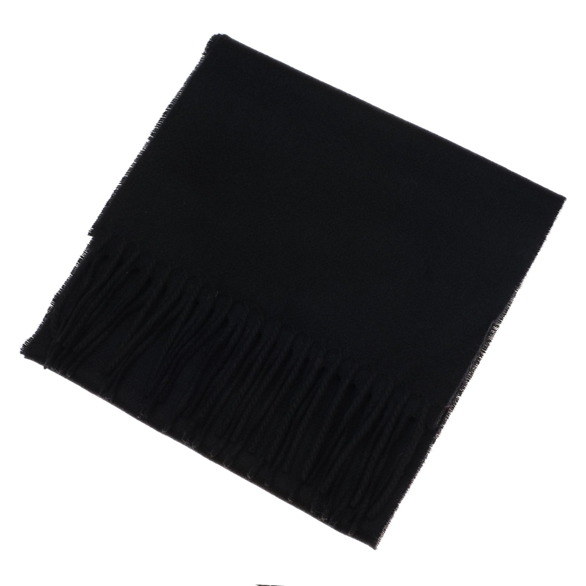 A black Cashmere Scarf by Campbells of Beauly, made from 100% cashmere with fringed ends, is neatly folded on a white background.