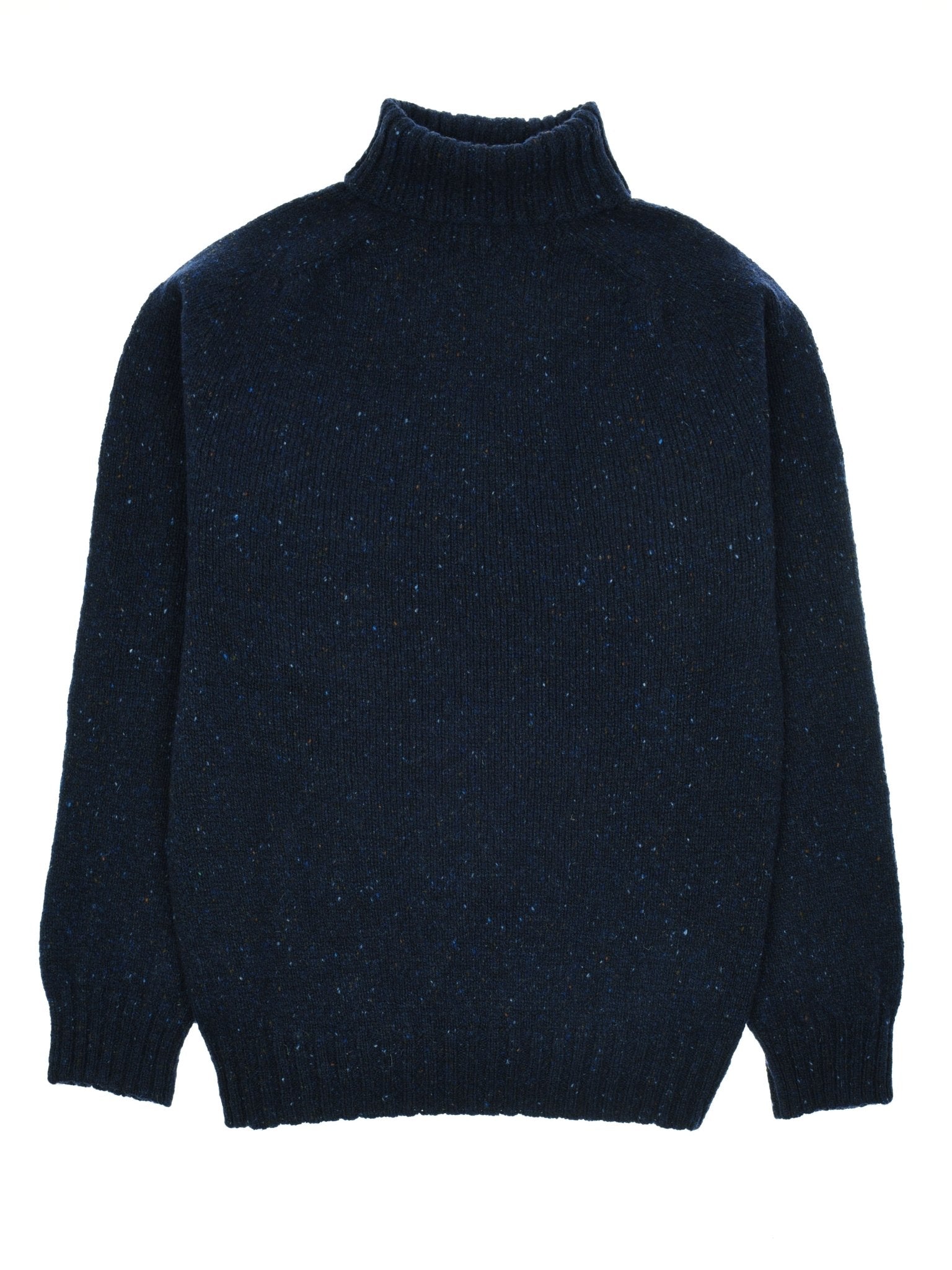 The Campbells of Beauly Donegal Lambswool Poloneck in Jura is a long-sleeved turtleneck sweater with ribbed collar, cuffs, and hem, featuring a subtle speckled texture. Shown laid flat on a white background.