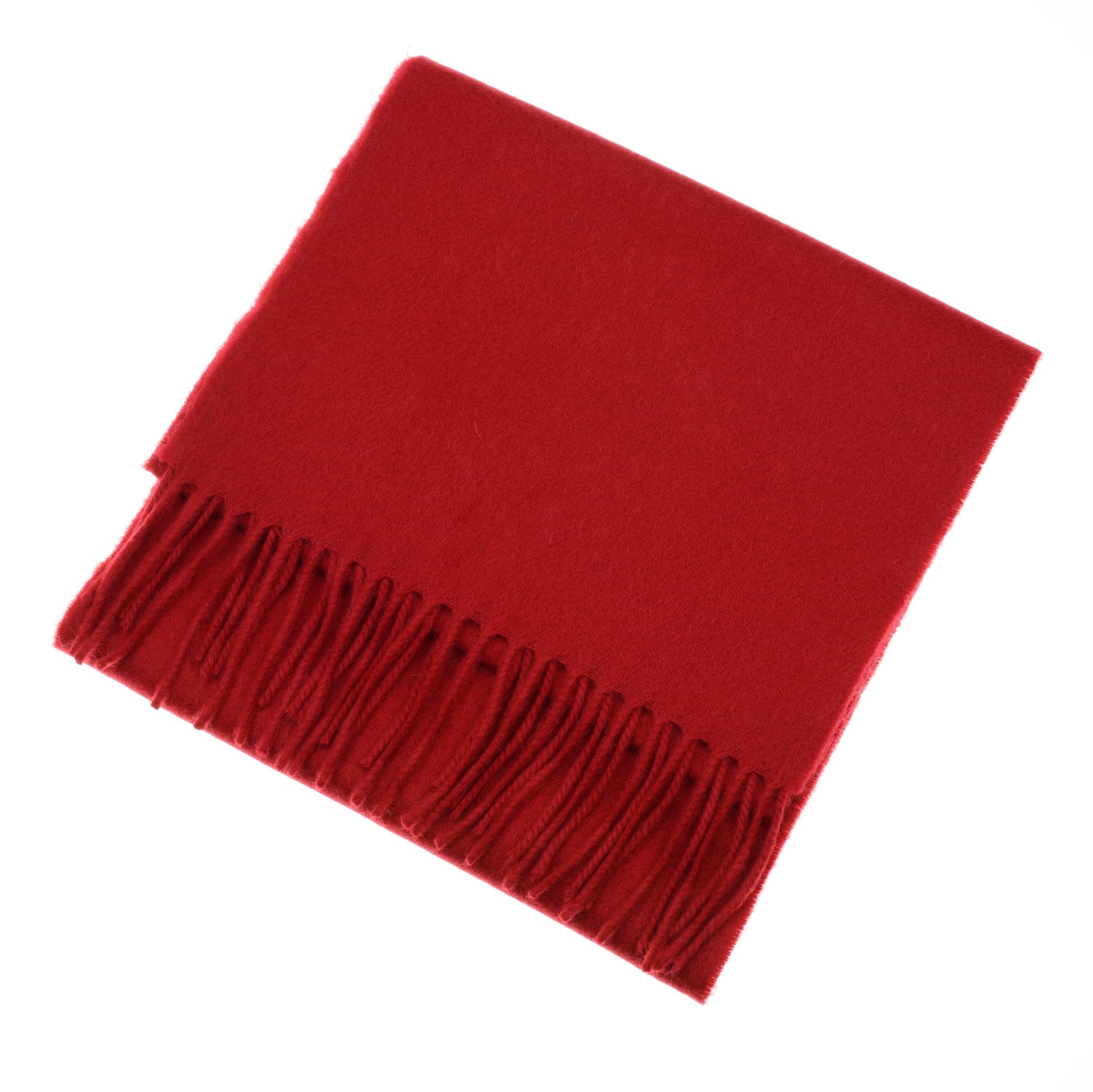 The Unisex Cashmere Scarf by Campbell's of Beauly, crafted from the finest Scottish cashmere, features a classic red hue and elegant fringe trim—an exquisite luxury accessory displayed on a white background.