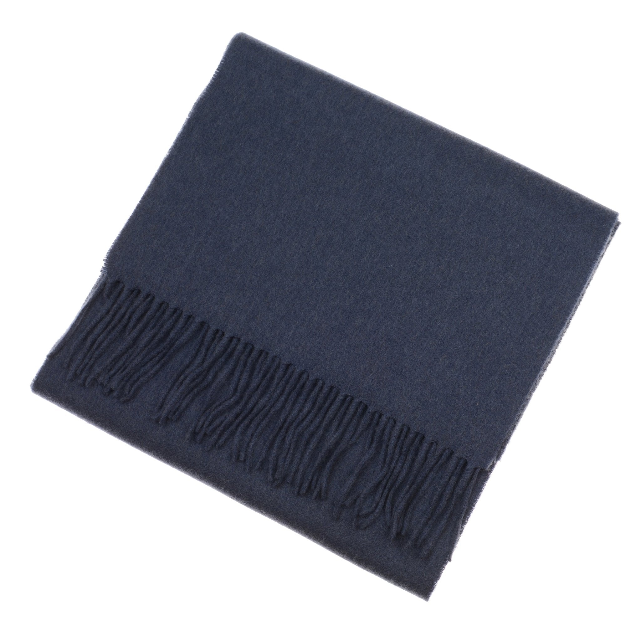 A folded navy Cashmere Scarf by Campbells of Beauly, crafted from 100% cashmere with fringe on one edge, is displayed on a white background.